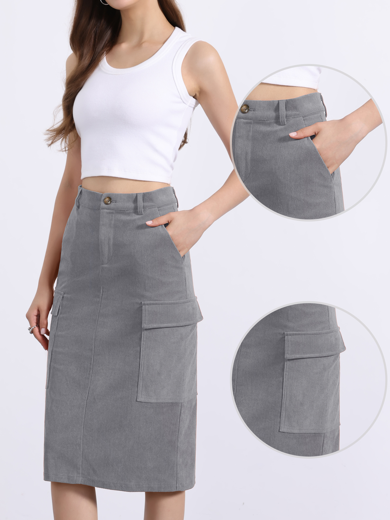 High Waisted Elastic Back Corduroy Midi Cargo Skirt Grey/XS