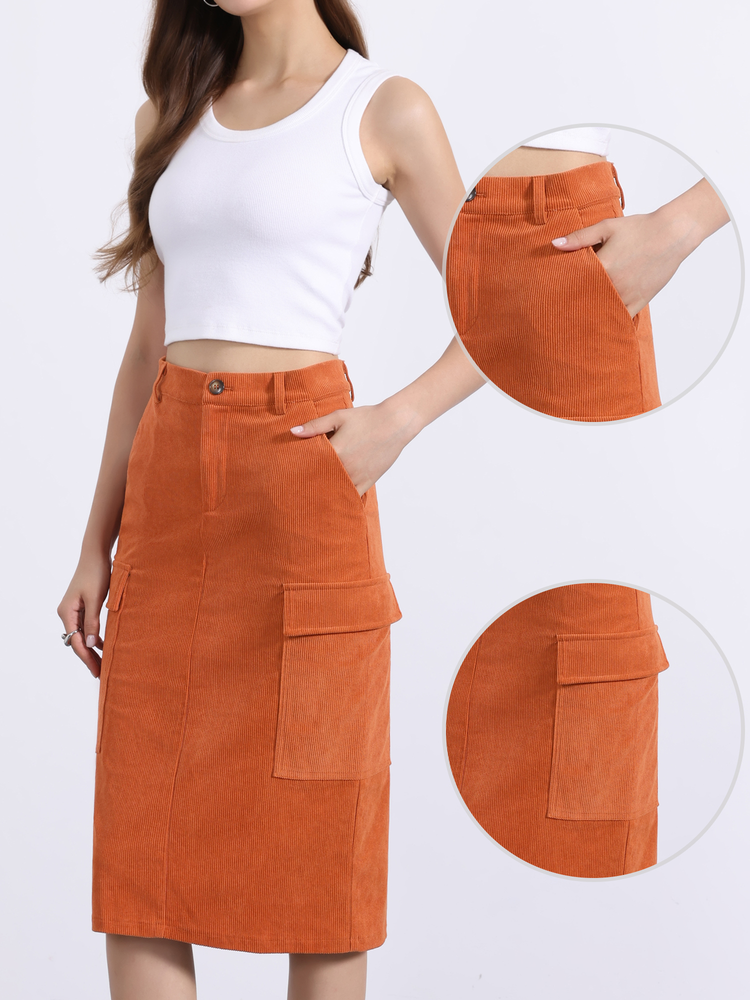 High Waisted Elastic Back Corduroy Midi Cargo Skirt Caramel/M