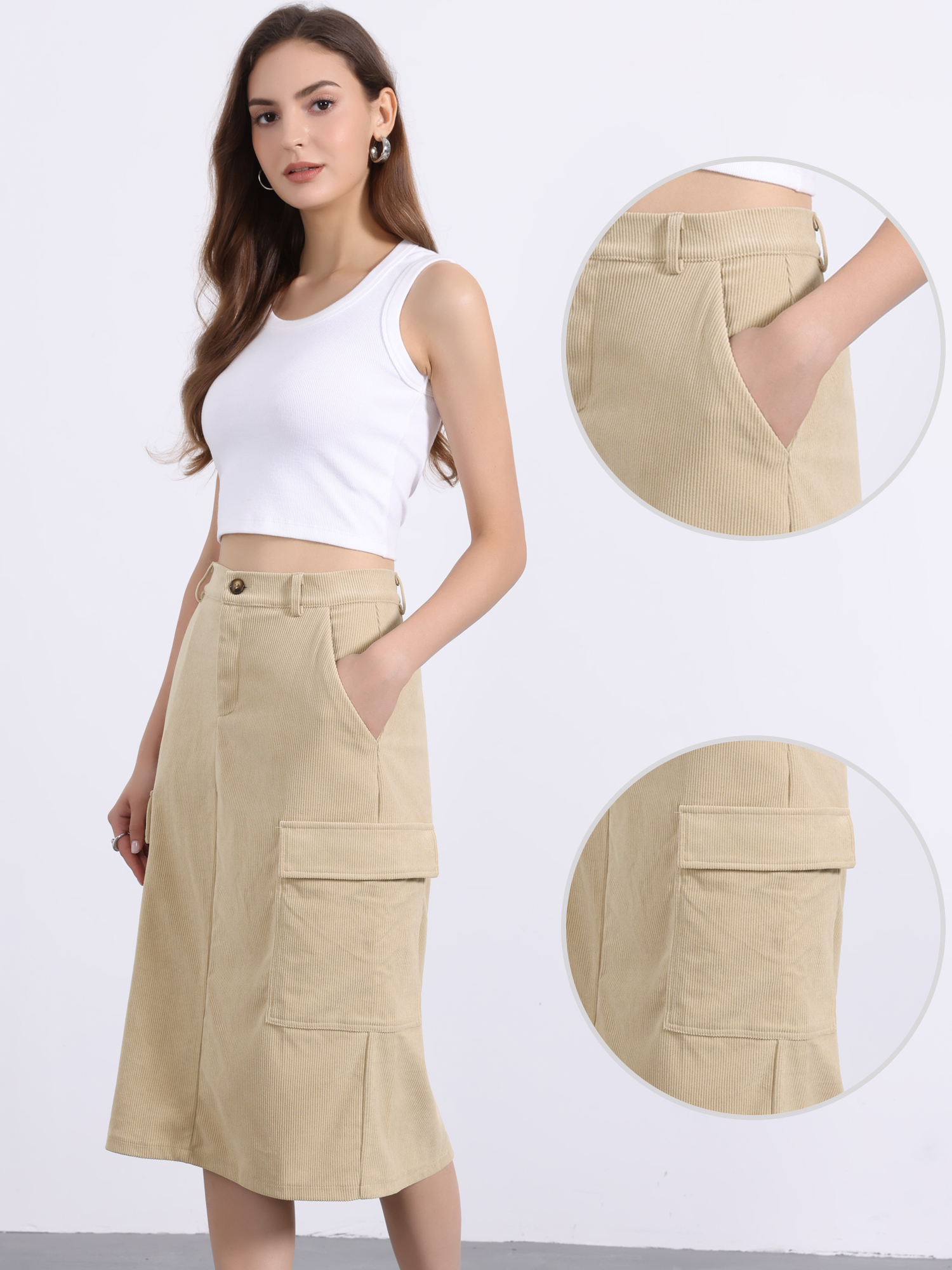 High Waisted Elastic Back Corduroy Midi Cargo Skirt Khaki/S