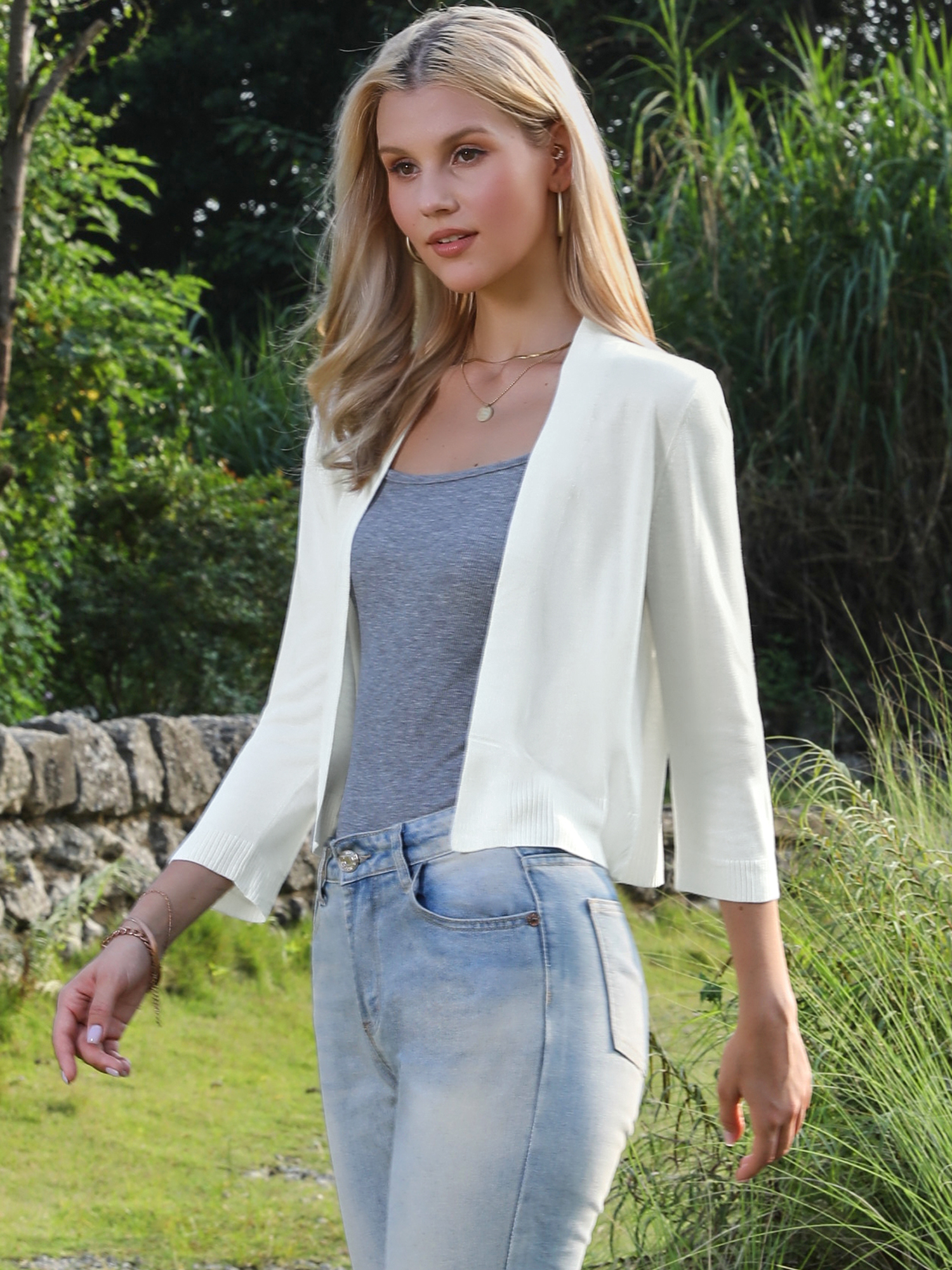 3/4 Sleeve Open Front Knitted Cropped Cardigan White/L