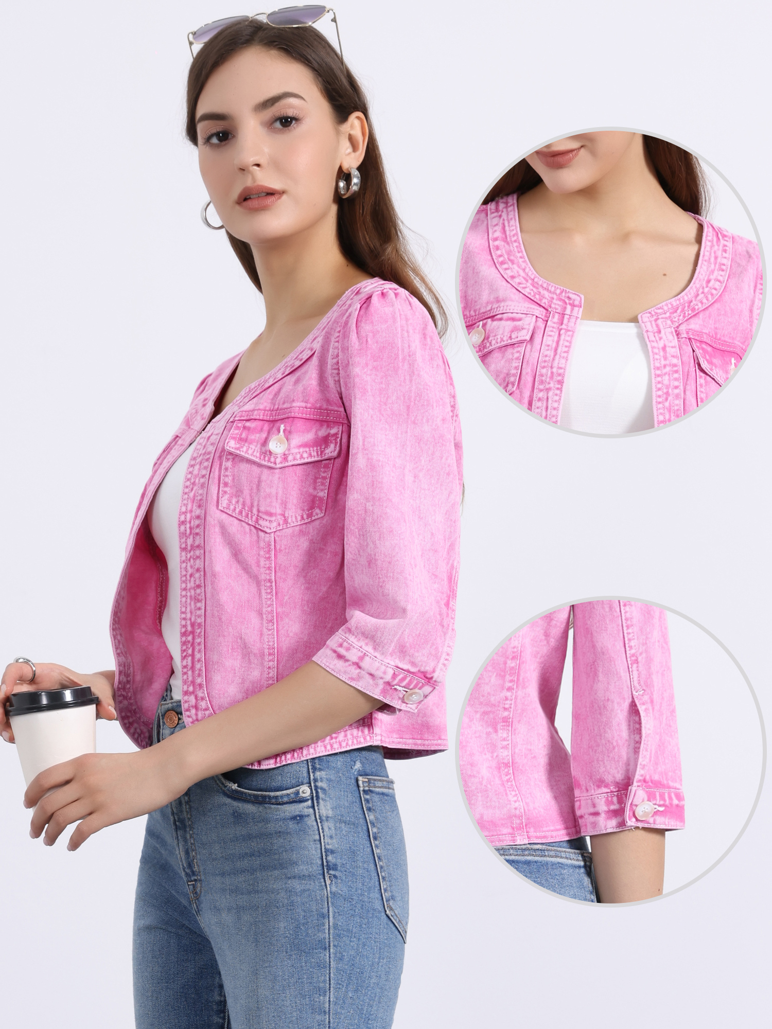 Denim Collarless Pockets 3/4 Sleeve Feminine Style Jacket Washed Pink/XL
