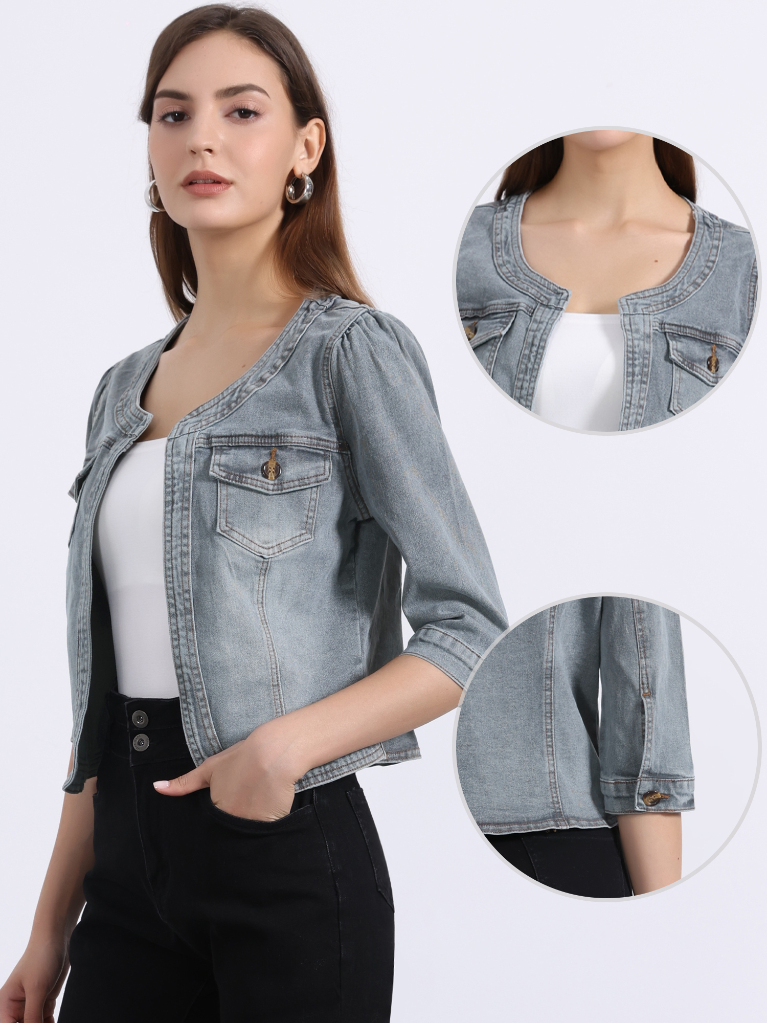 Denim Collarless Pockets 3/4 Sleeve Feminine Style Jacket Gray/XS