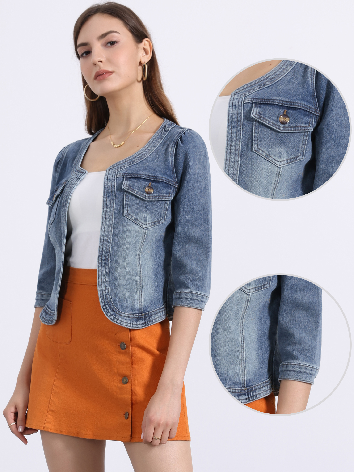 Denim Collarless Pockets 3/4 Sleeve Feminine Style Jacket Washed Blue/S