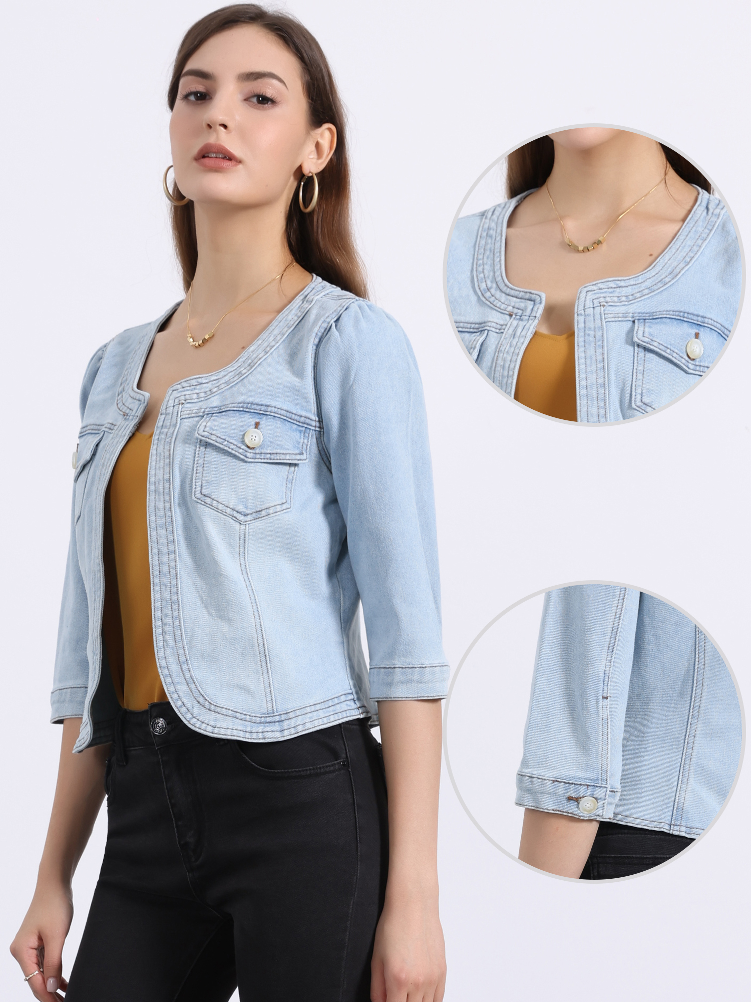 Denim Collarless Pockets 3/4 Sleeve Feminine Style Jacket Sky Blue/M