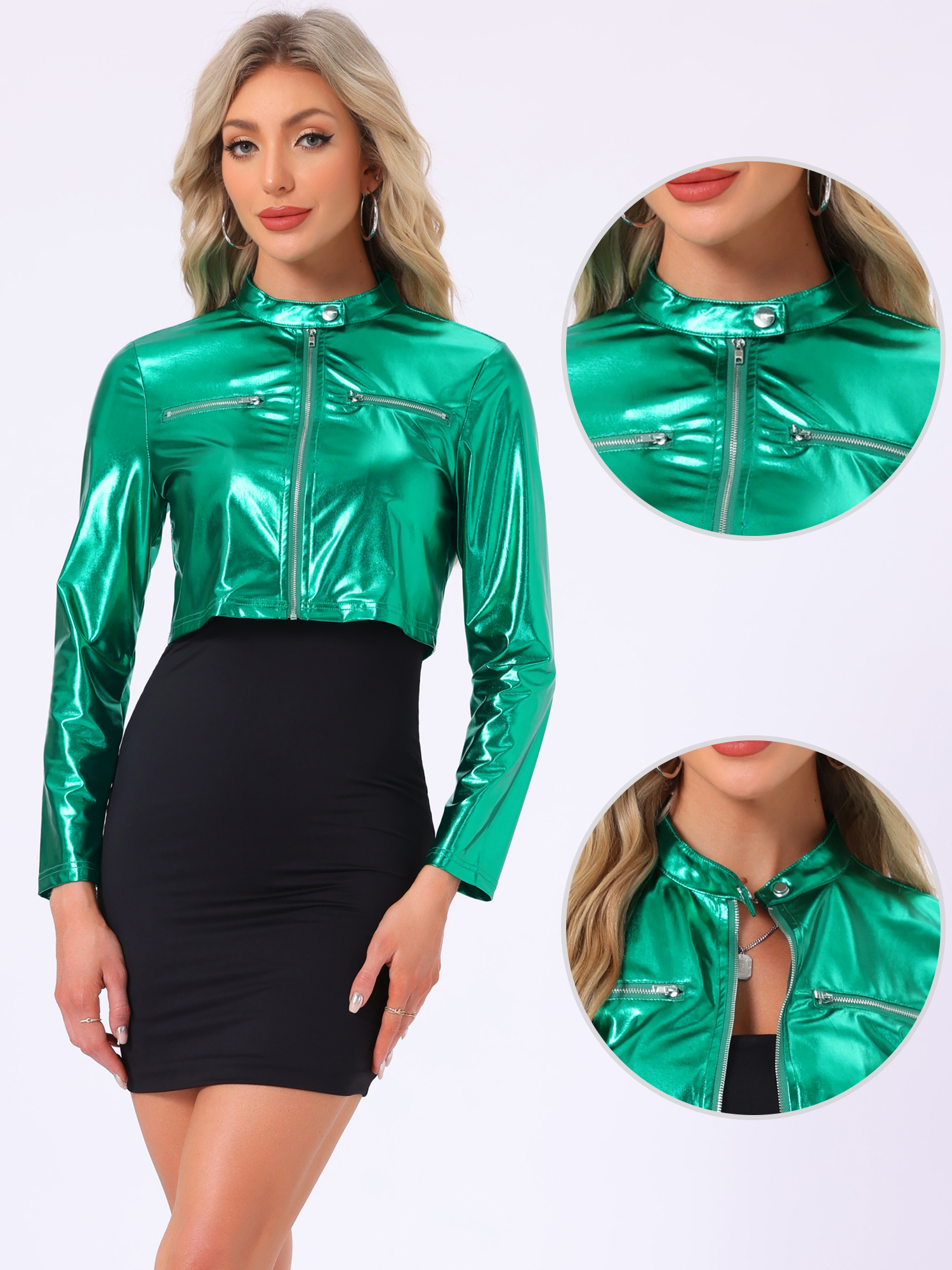 Stand Collar Metallic Zipper Party Long Sleeve Cropped Jacket Teal Blue/XL