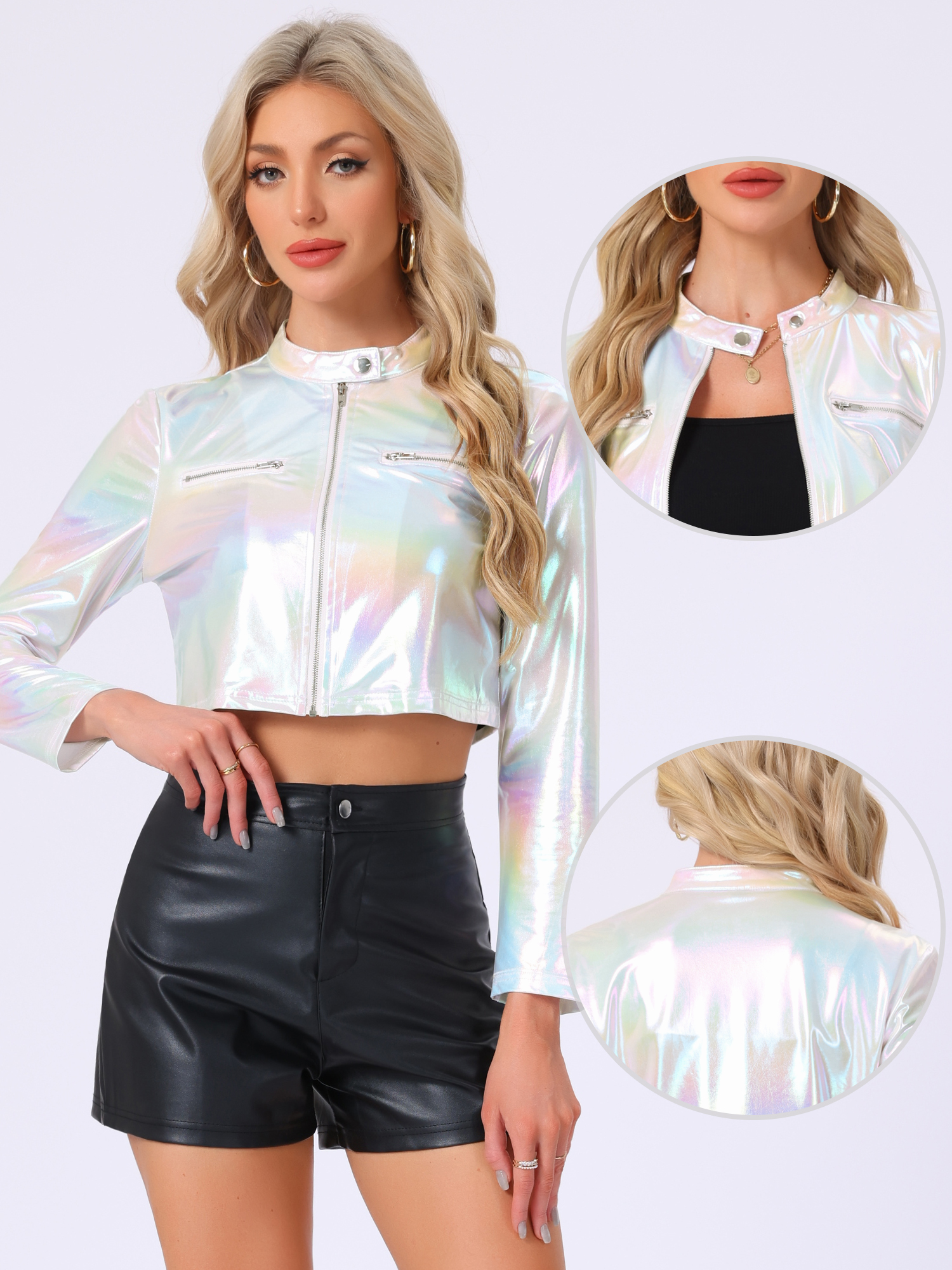 Stand Collar Metallic Zipper Party Long Sleeve Cropped Jacket White/XL