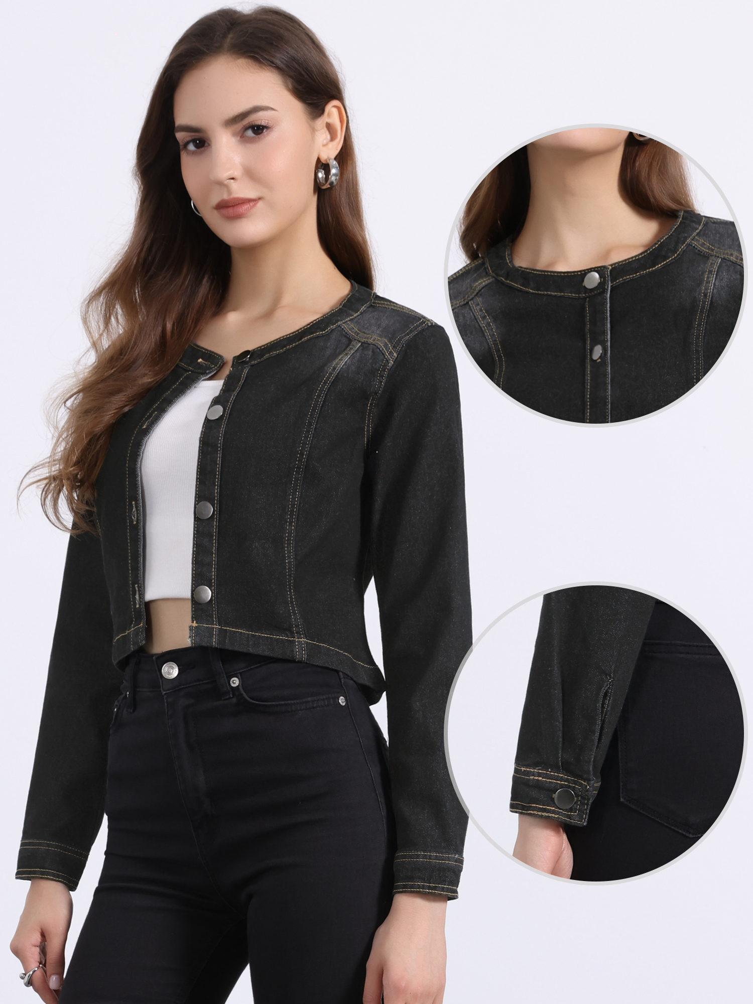 Denim Collarless Long Sleeve Button Down Crop Jean Jacket Black/M