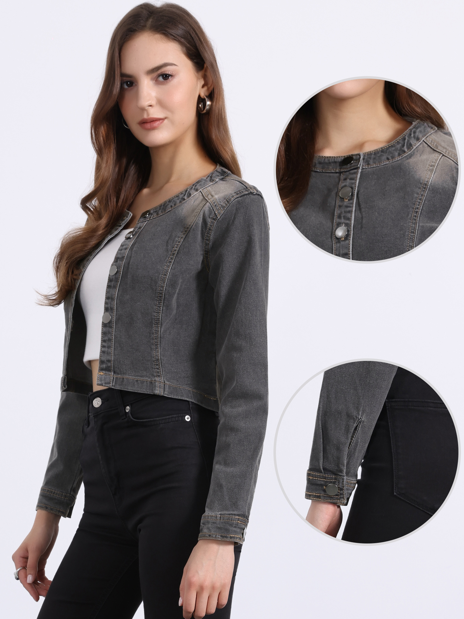 Denim Collarless Long Sleeve Button Down Crop Jean Jacket Grey/S