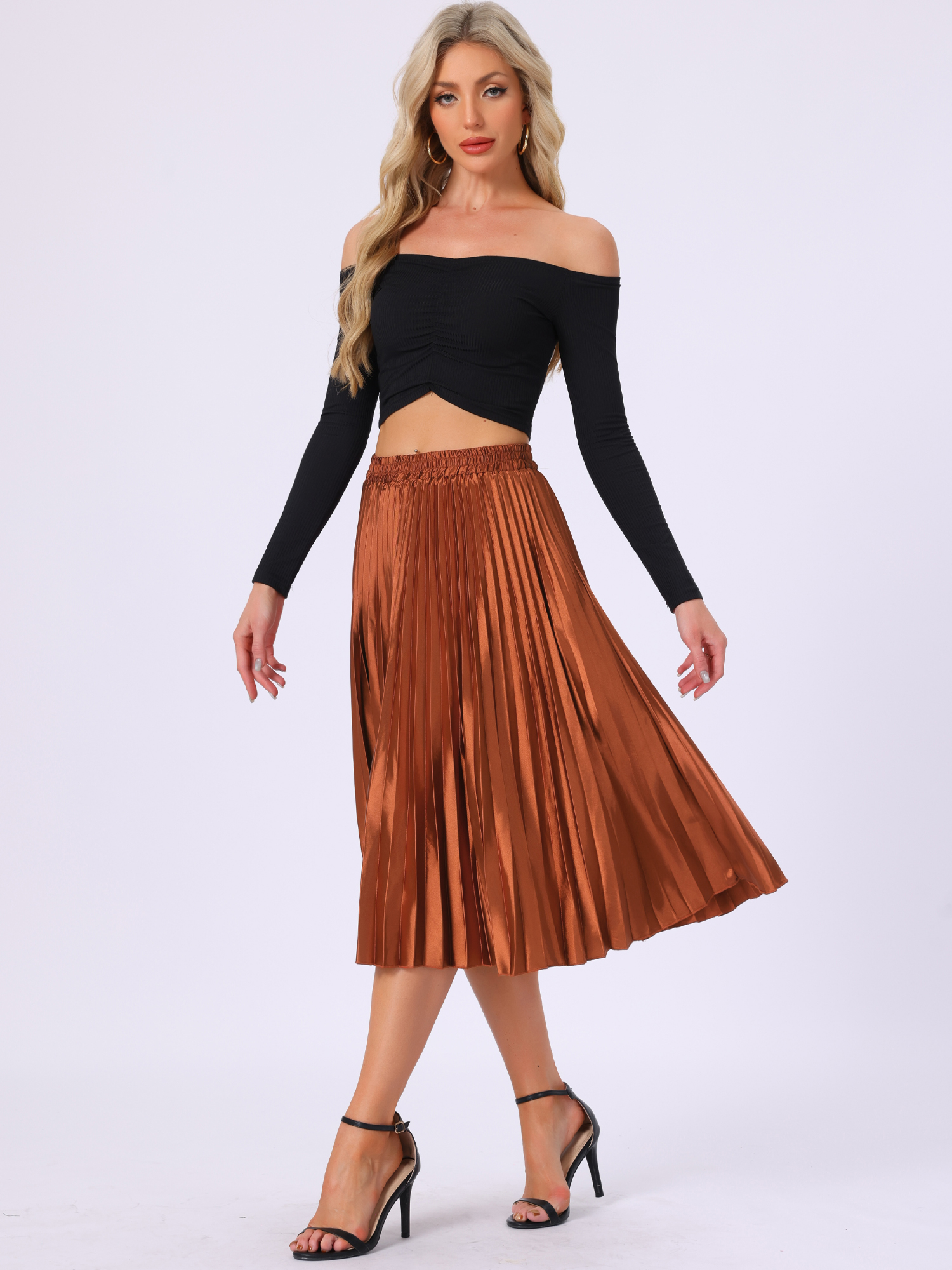 Party Elastic Waist Metallic Shiny Pleated Midi Skirt Orange Coffee/XS