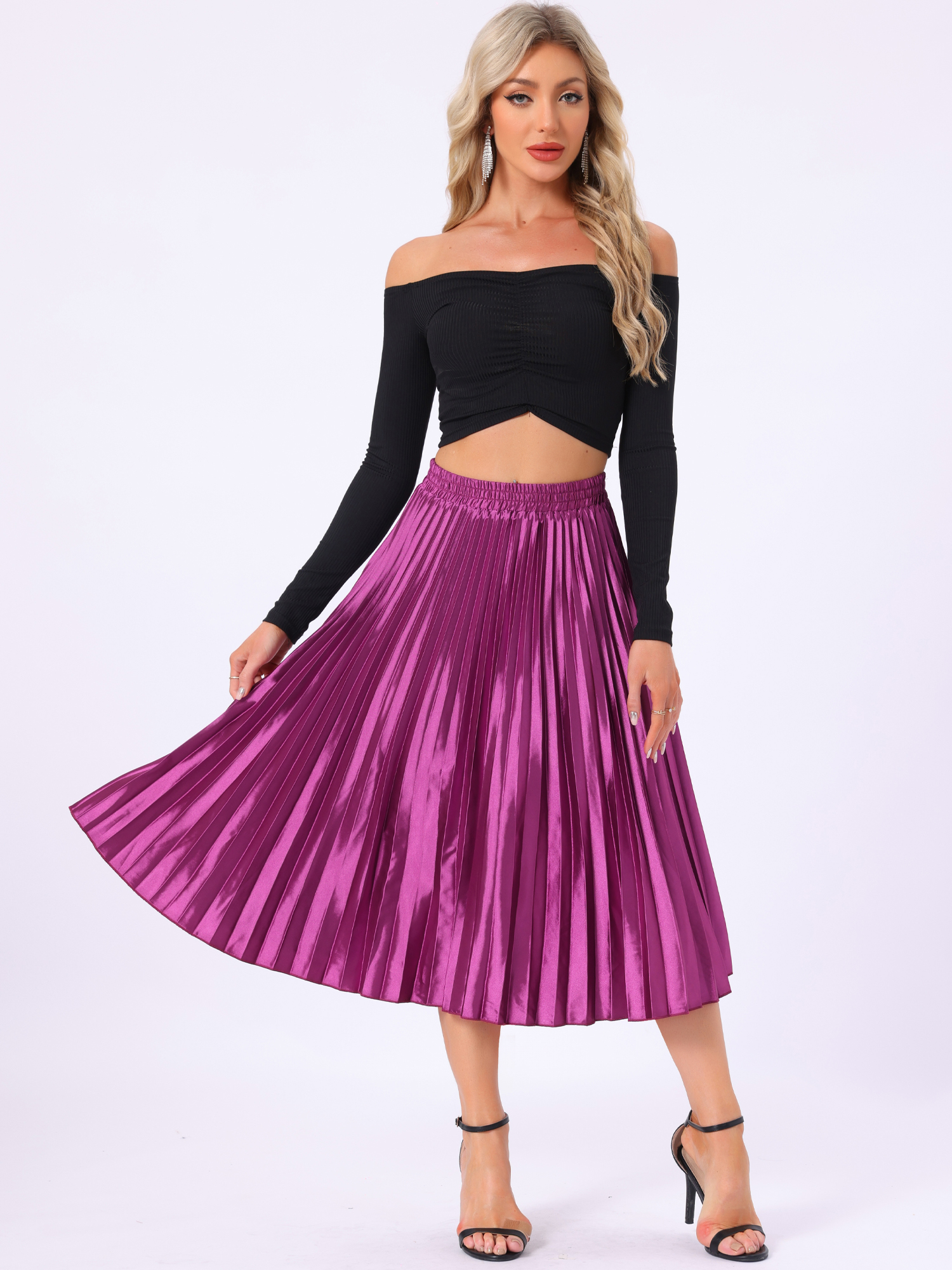 Party Elastic Waist Metallic Shiny Pleated Midi Skirt Mauve/XL