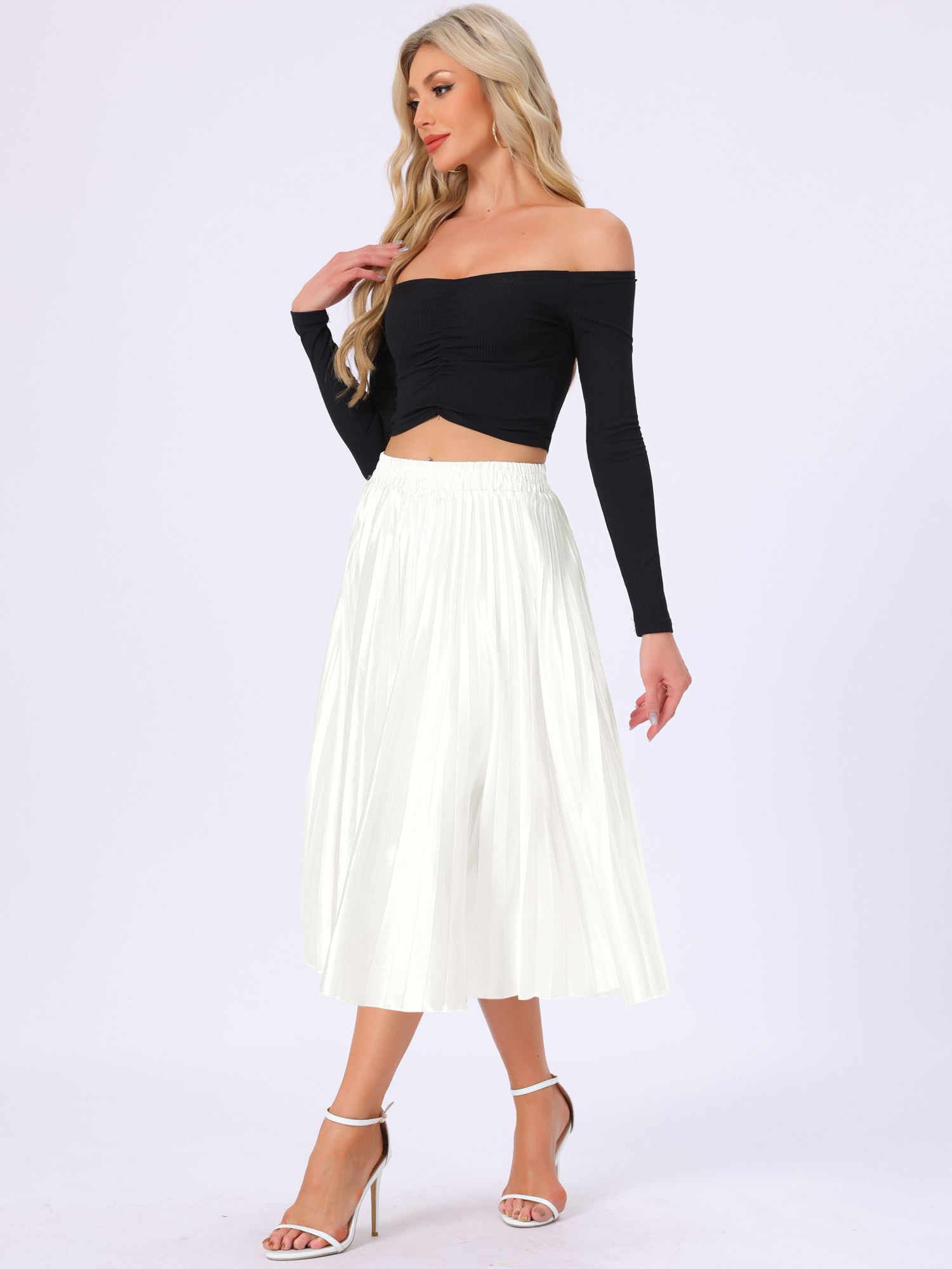 Elastic Waist Metallic Shiny Accordion Pleated Midi Skirt White/XL