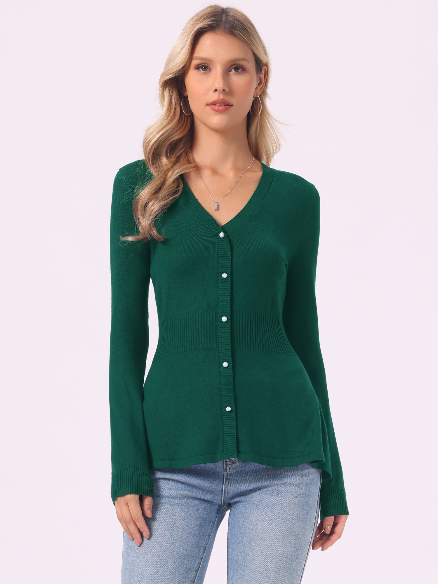 V Neck Long Sleeve Ribbed Pullover Knitted Peplum Top Green/M