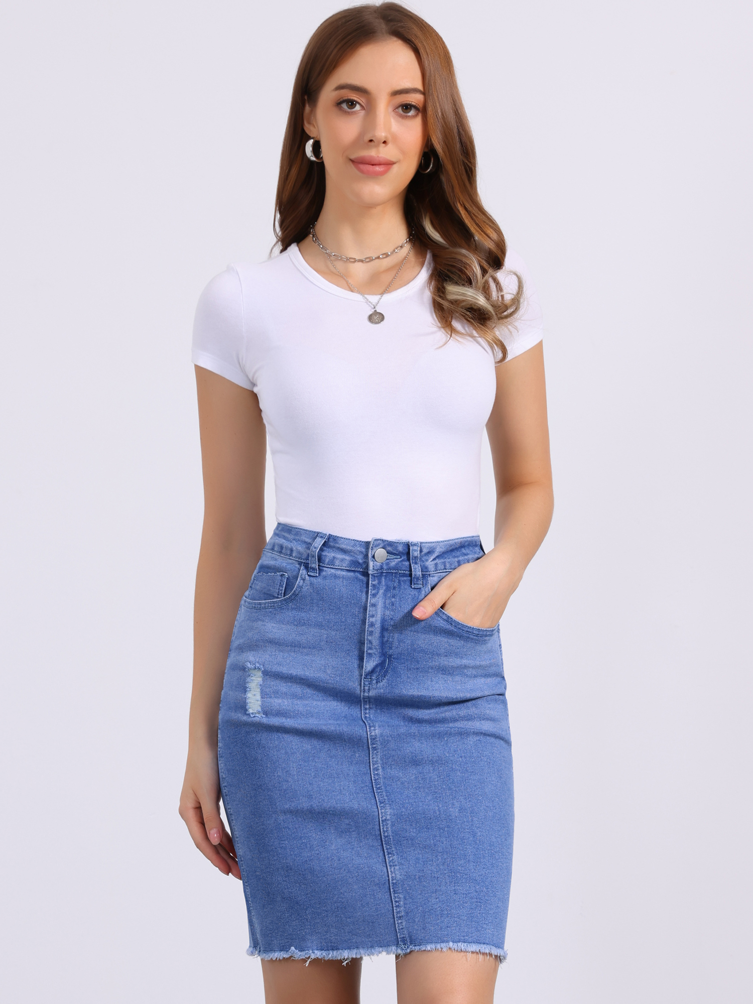 Basic Distressed High Waist Ripped Hem Washed Jeans Denim Skirt Bright Blue/S
