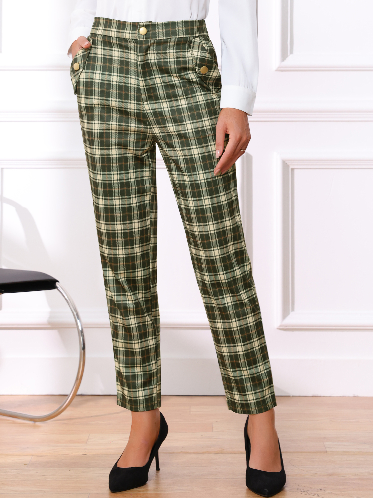 Vintage Tartan Plaid Pants Elastic Waist Straight Long Trousers Army Green/S