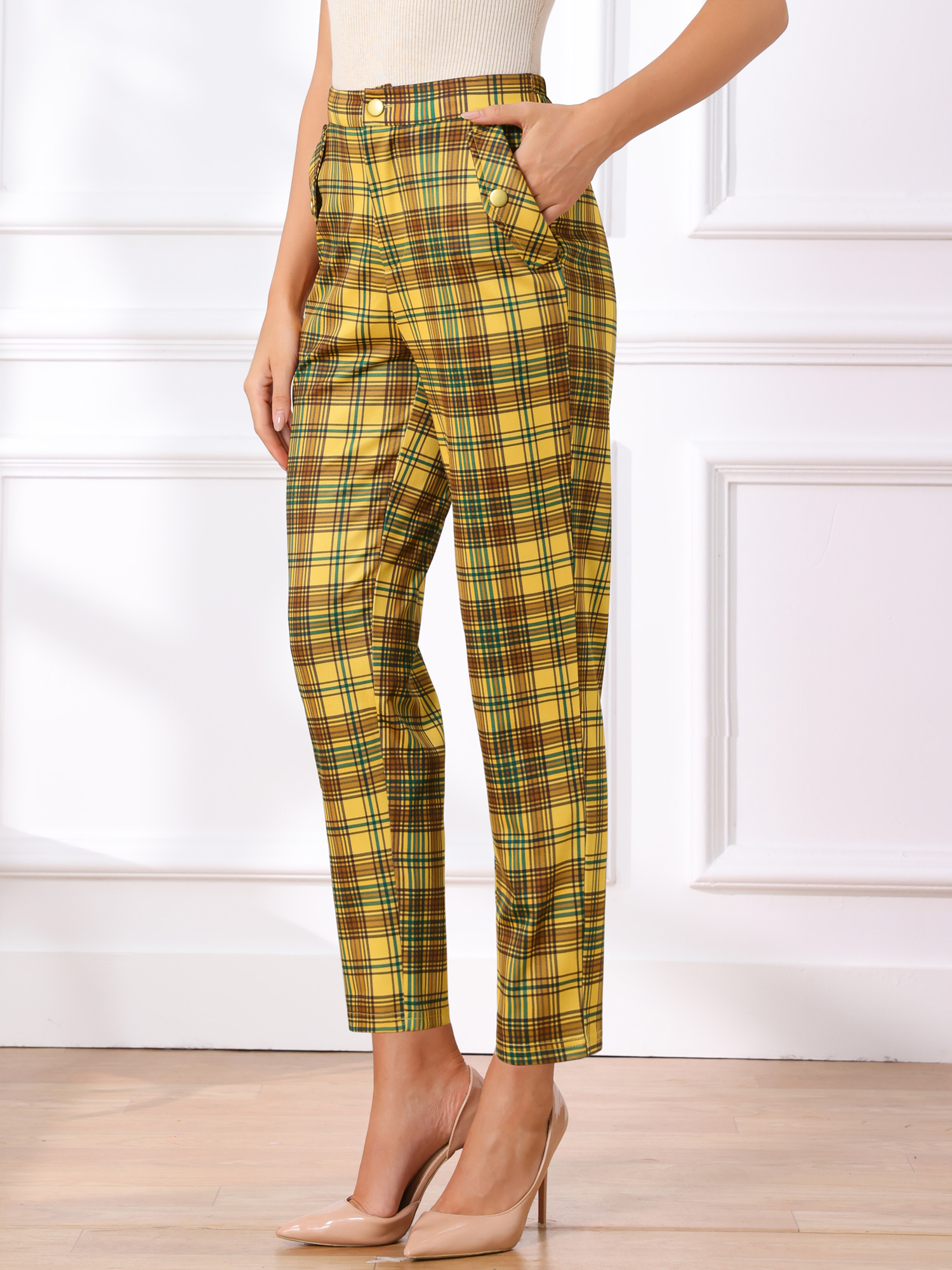 Vintage Tartan Plaid Pants Elastic Waist Straight Long Trousers Yellow/XS