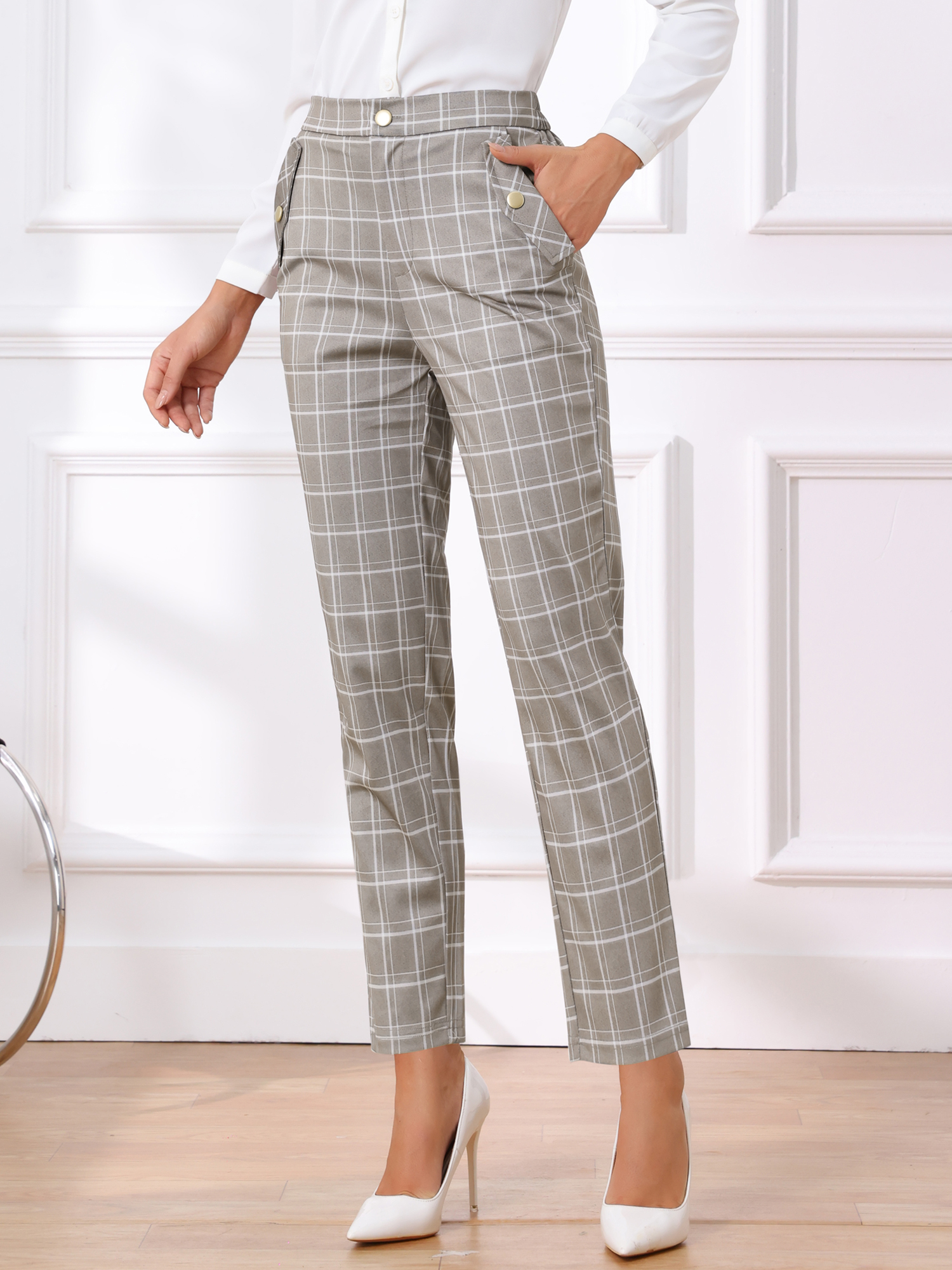 Vintage Tartan Plaid Pants Elastic Waist Straight Long Trousers Tan/M