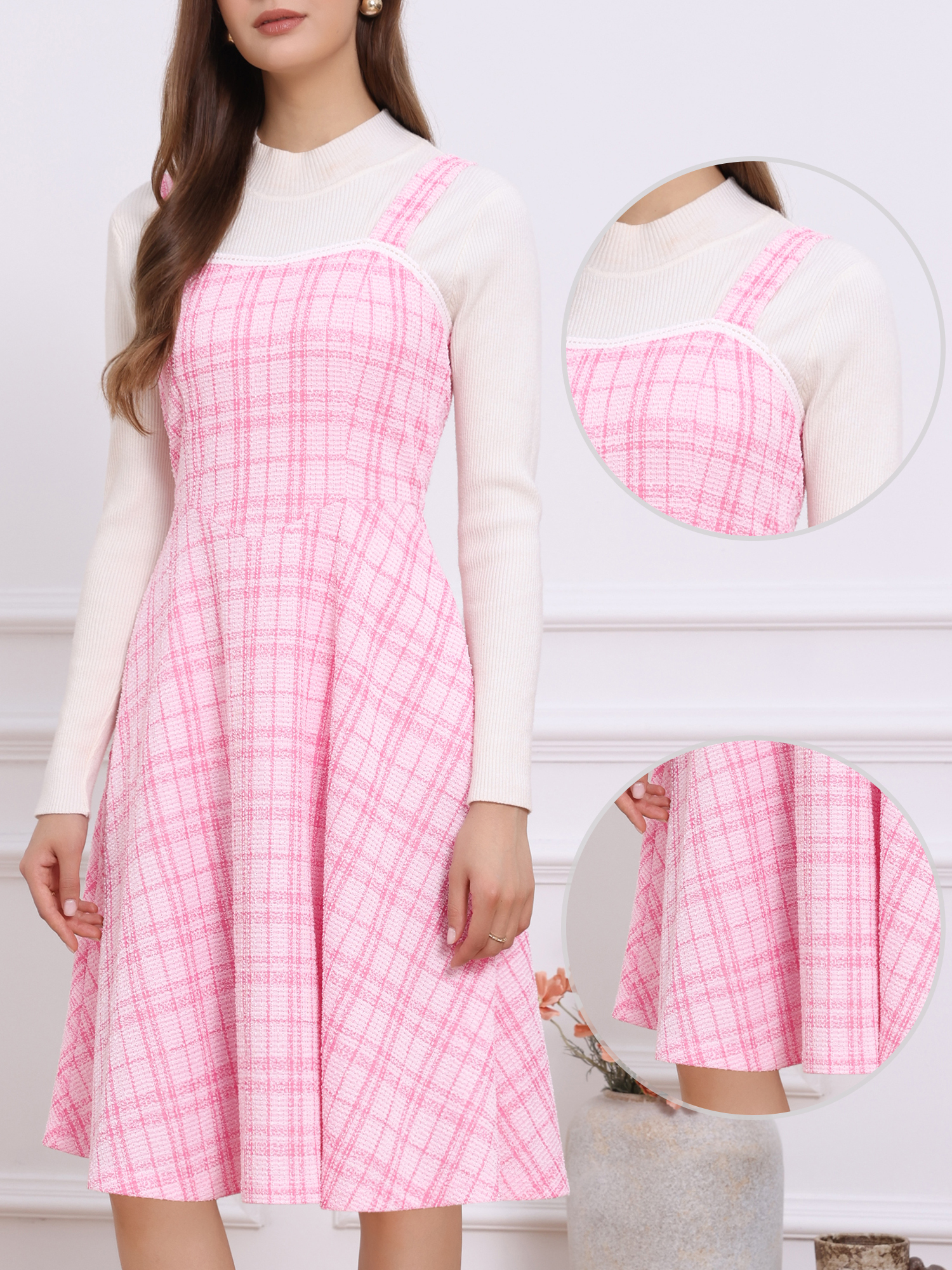 Tweed Plaid Sleeveless Pockets A-Line Pinafore Overall Dress Deep Pink/XL
