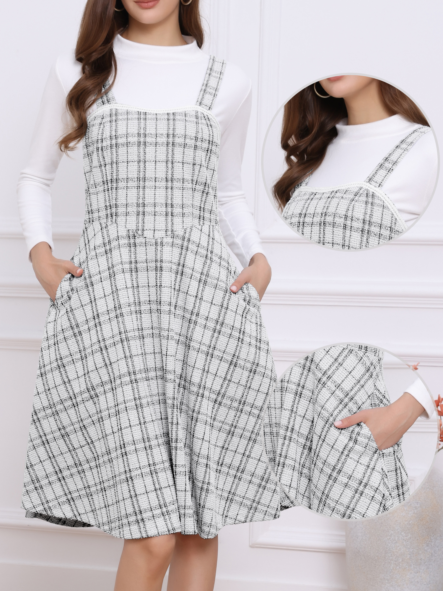 Tweed Plaid Sleeveless Pockets A-Line Pinafore Overall Dress Beige/XS
