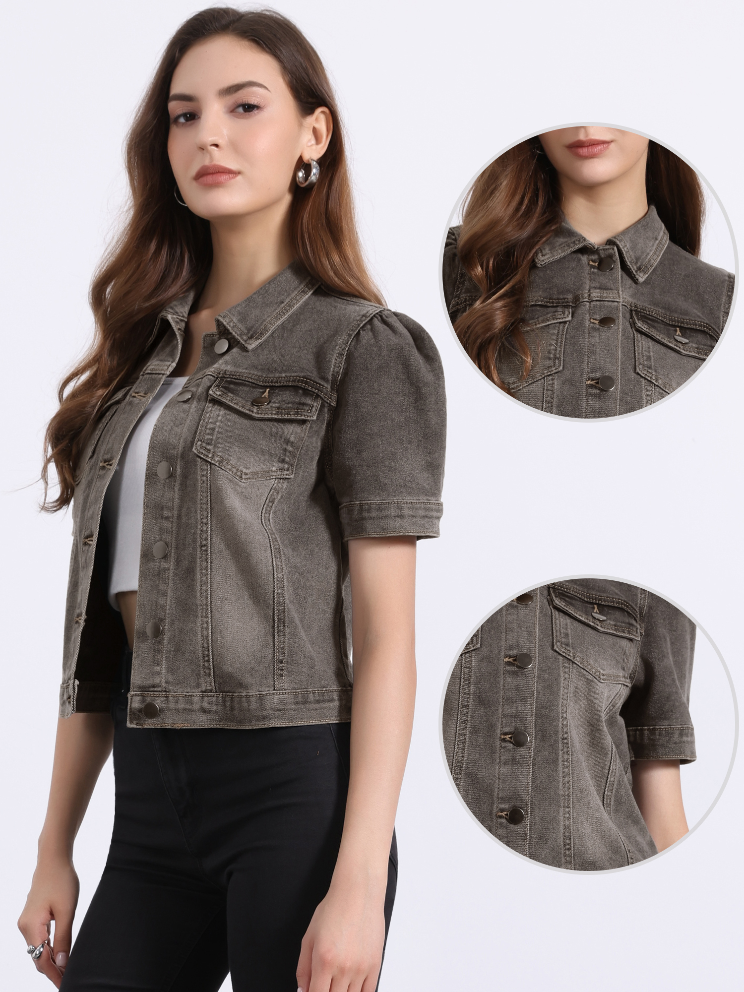 Casual Short Puff Sleeves Button-Down Jean Denim Jacket Grey/XS