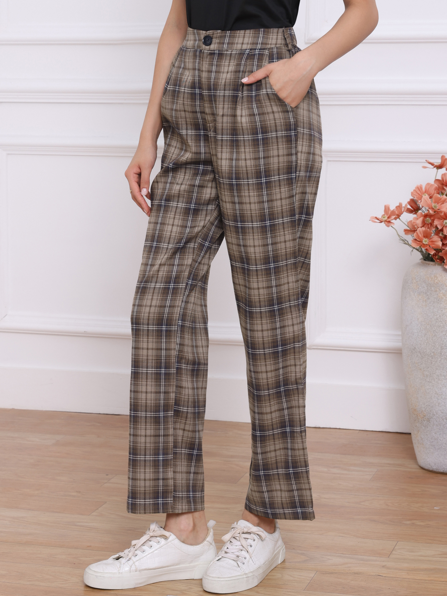 Plaid Elastic Waist Casual Work Office Long Pants Brown Coffee/M