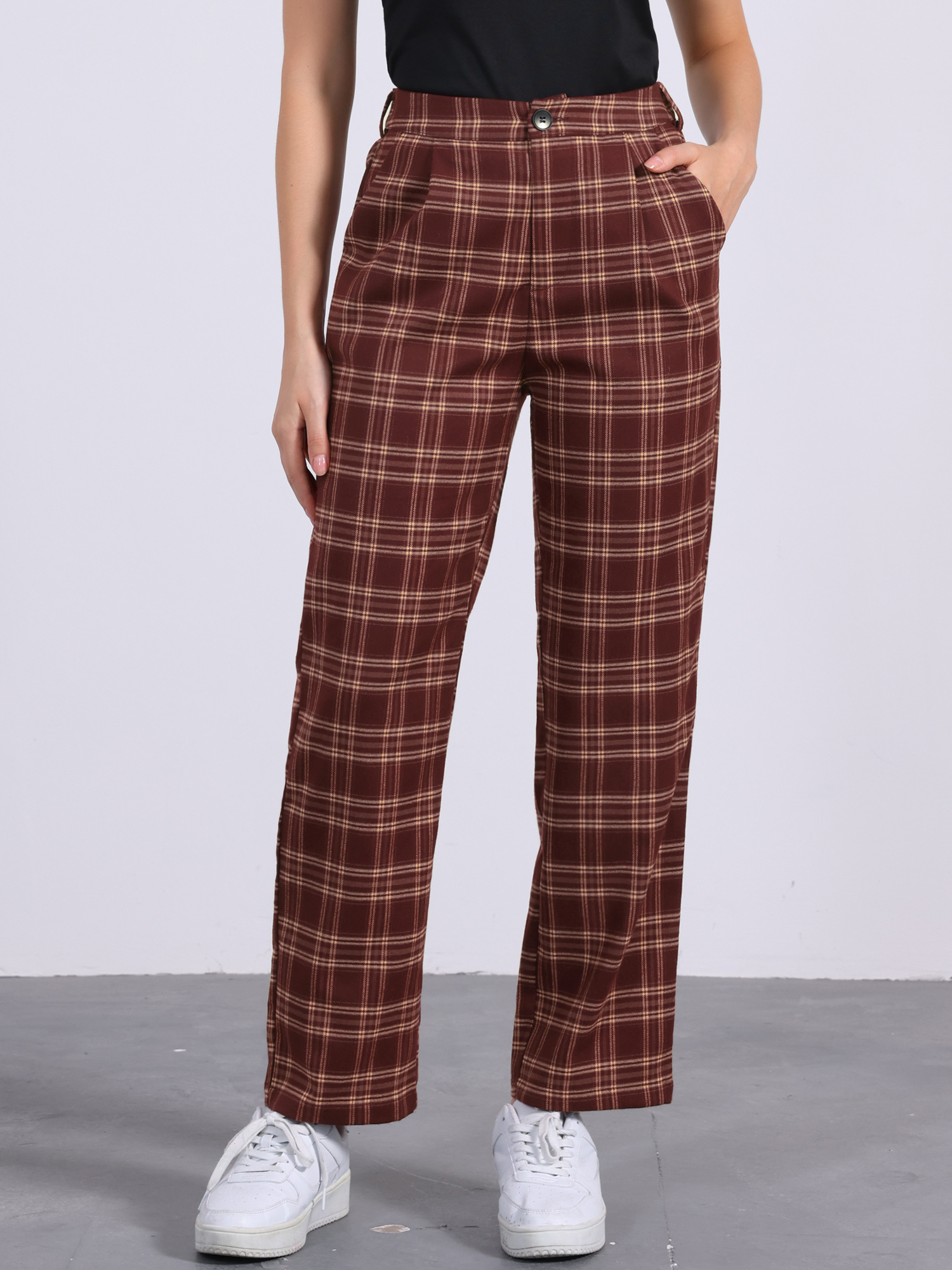 Plaid Elastic Waist Casual Work Office Long Pants Wine Red/S
