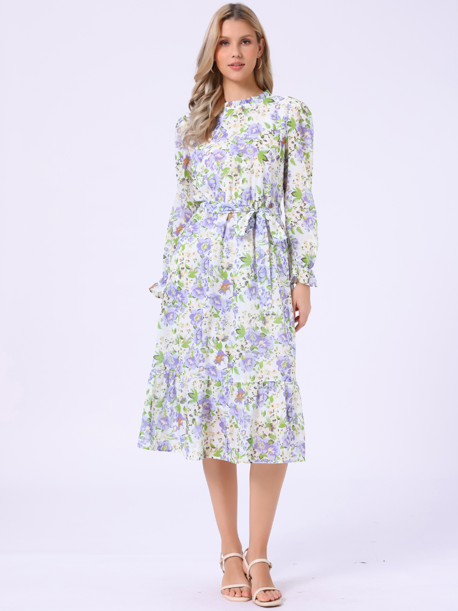 Floral Long Sleeve Belted Flowy Chiffon Midi Dress Light Purple/XS