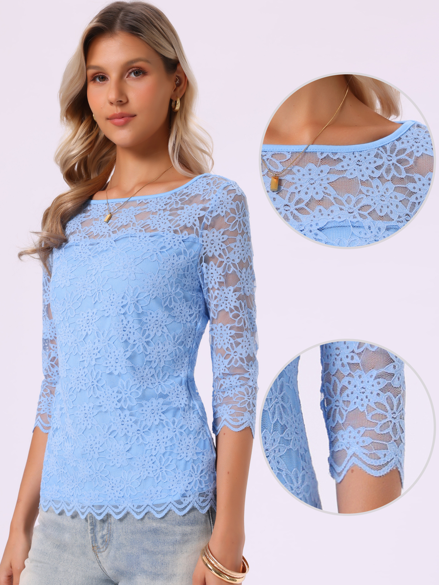 Floral Lace Sheer 3/4 Sleeve Boat Neck Blouse Sky Blue/S