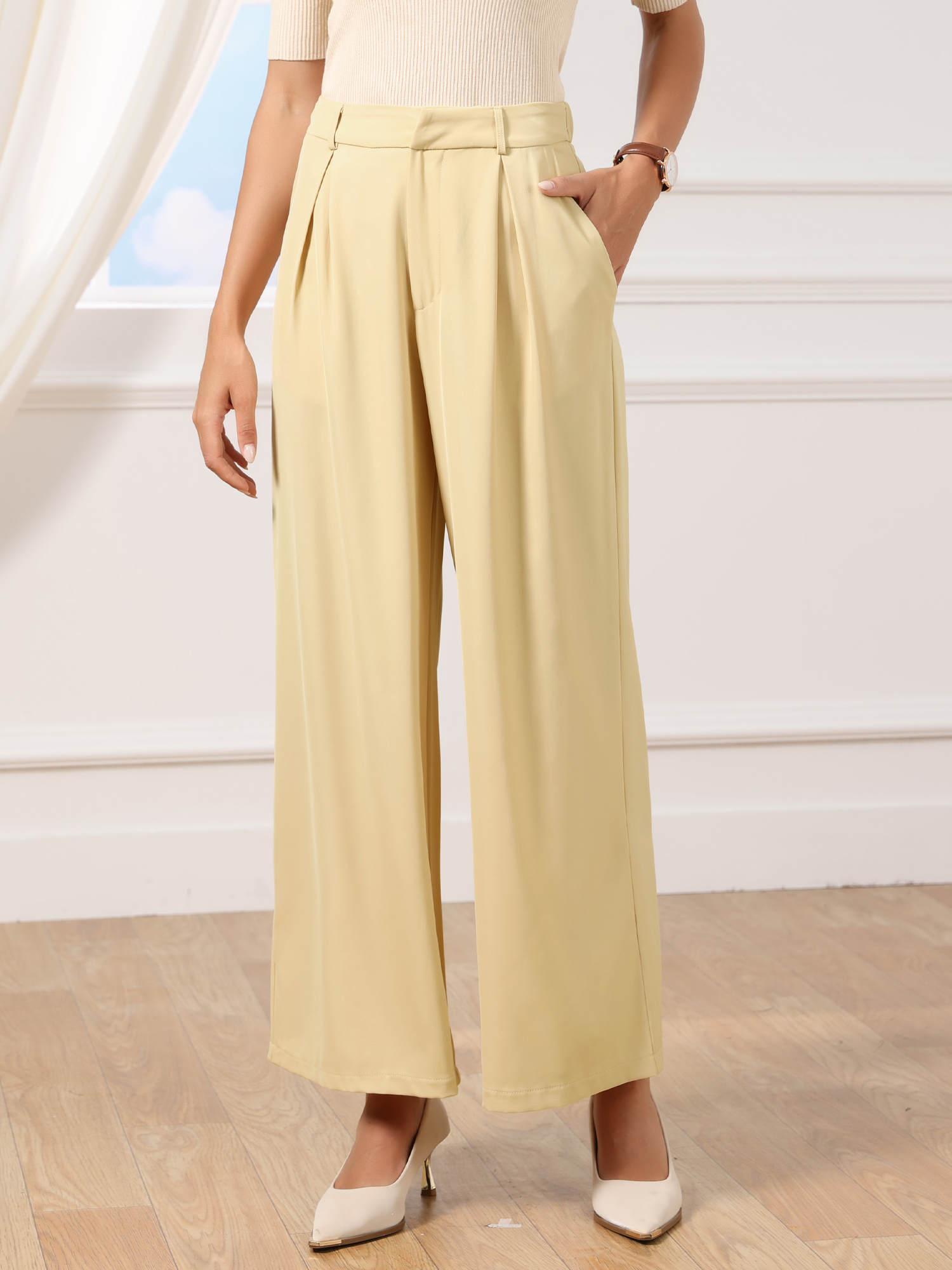 Business Office Work Wide Leg Pants with Pockets Khaki/M