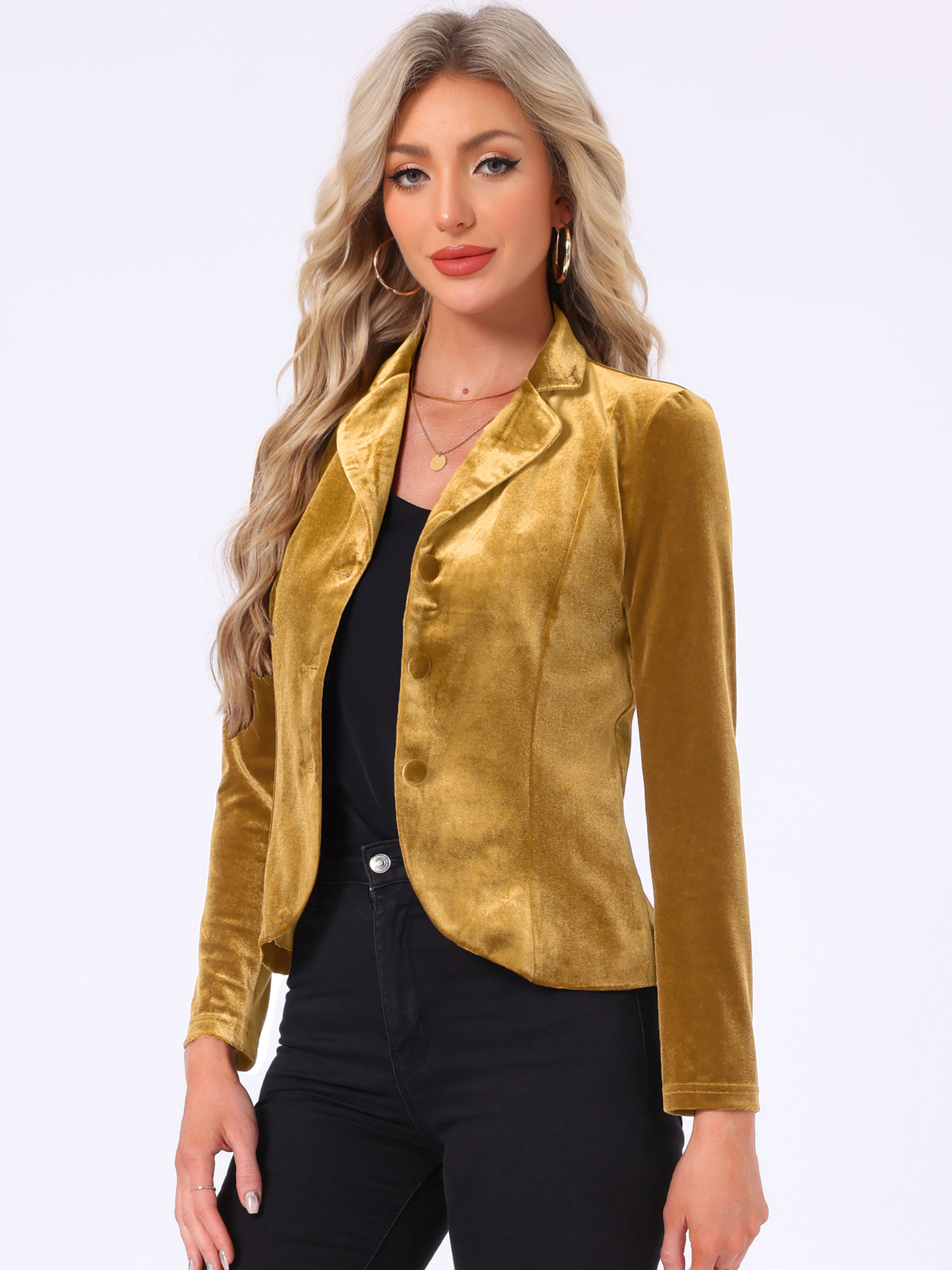 Notched Lapel Long Sleeve Office Business Button Velvet Blazer Gold/XS
