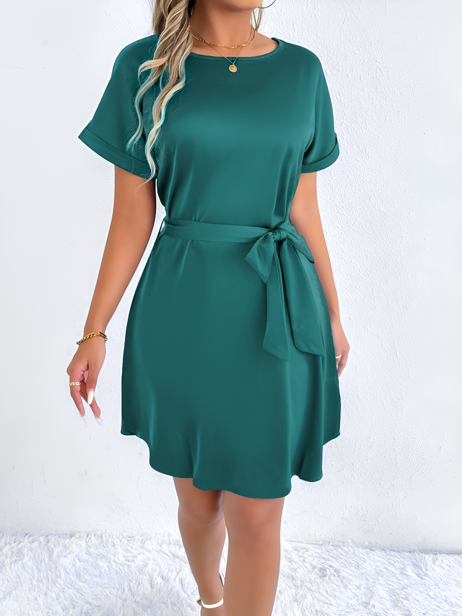 Solid Color Short Sleeve Satin Lace-Up Knee Length Dress Dark Green/M
