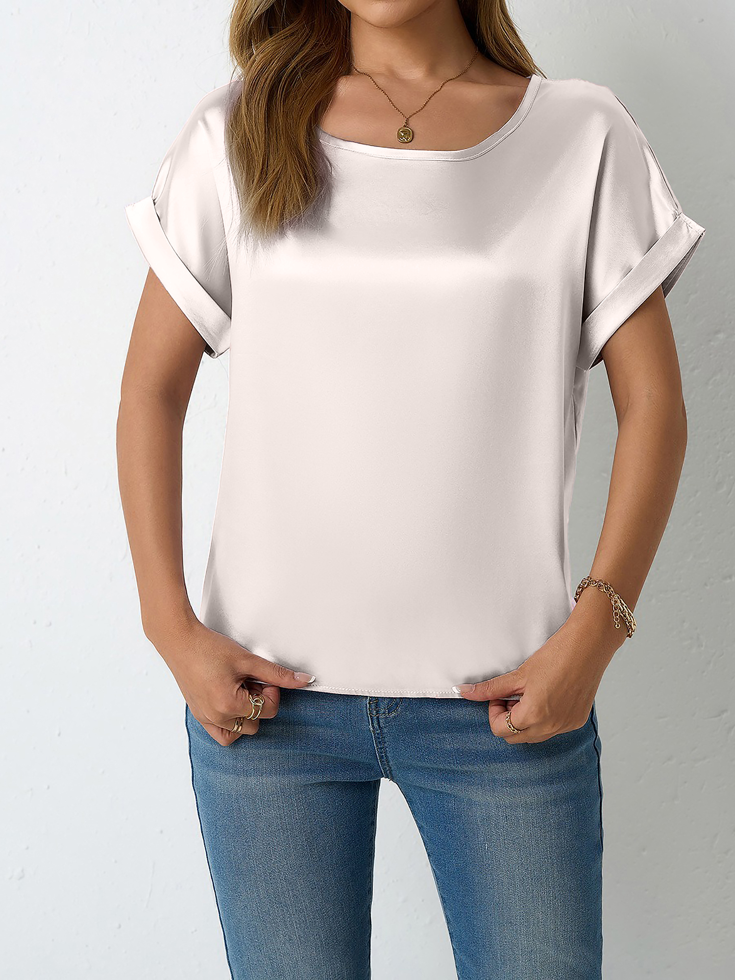 Round Neck Short Sleeves Satin Solid Color Blouse Nude/M