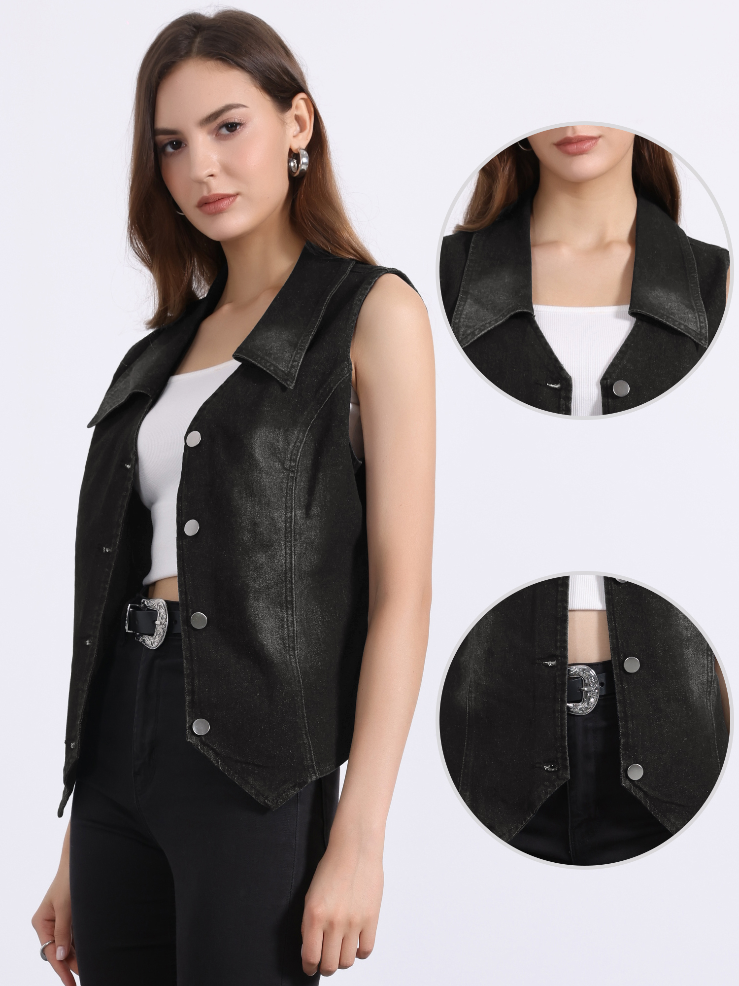 Sleeveless Collared Button Down Denim Vest Black/XL