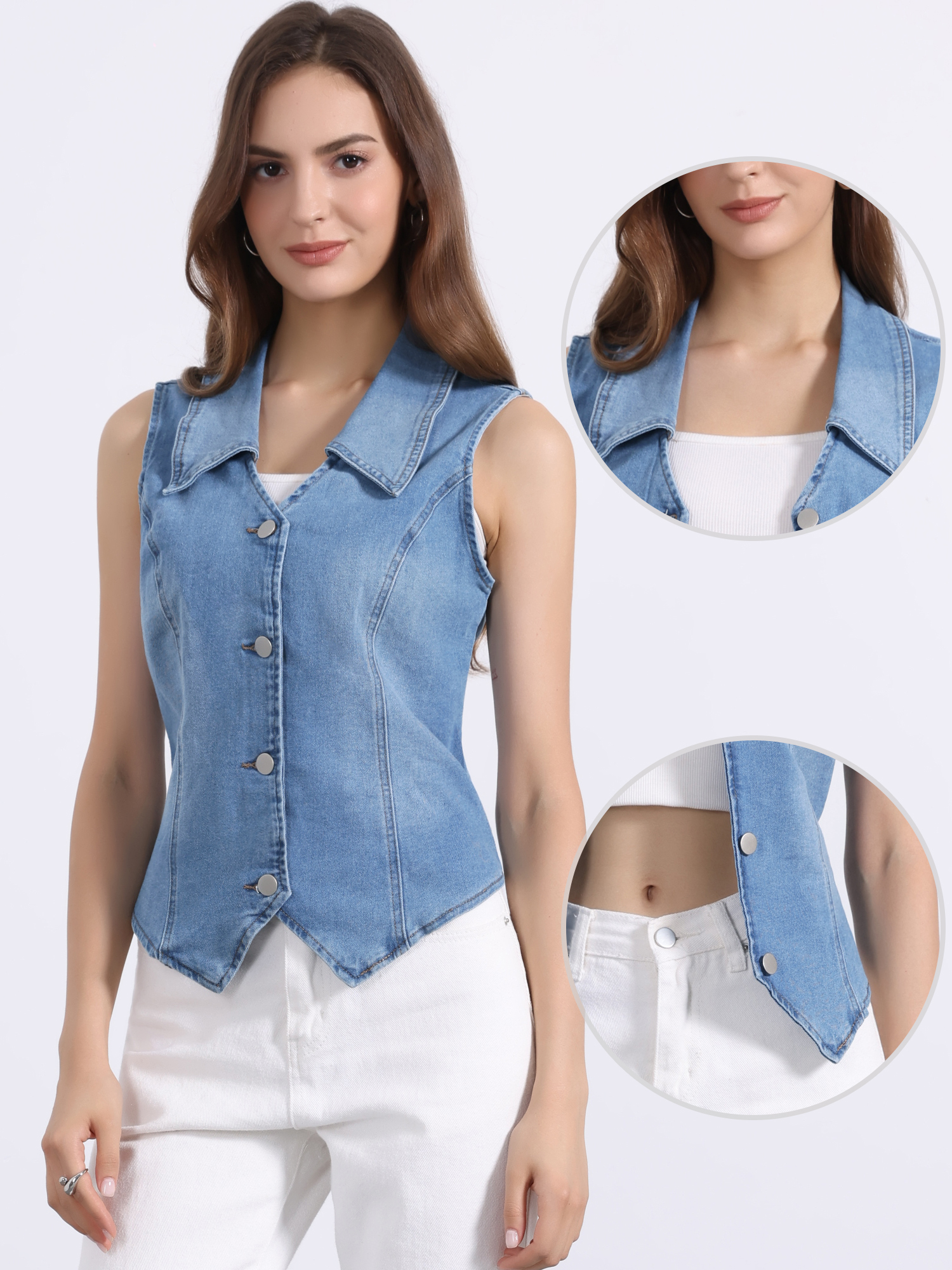 Sleeveless Collared Button Down Denim Vest Light Blue/L