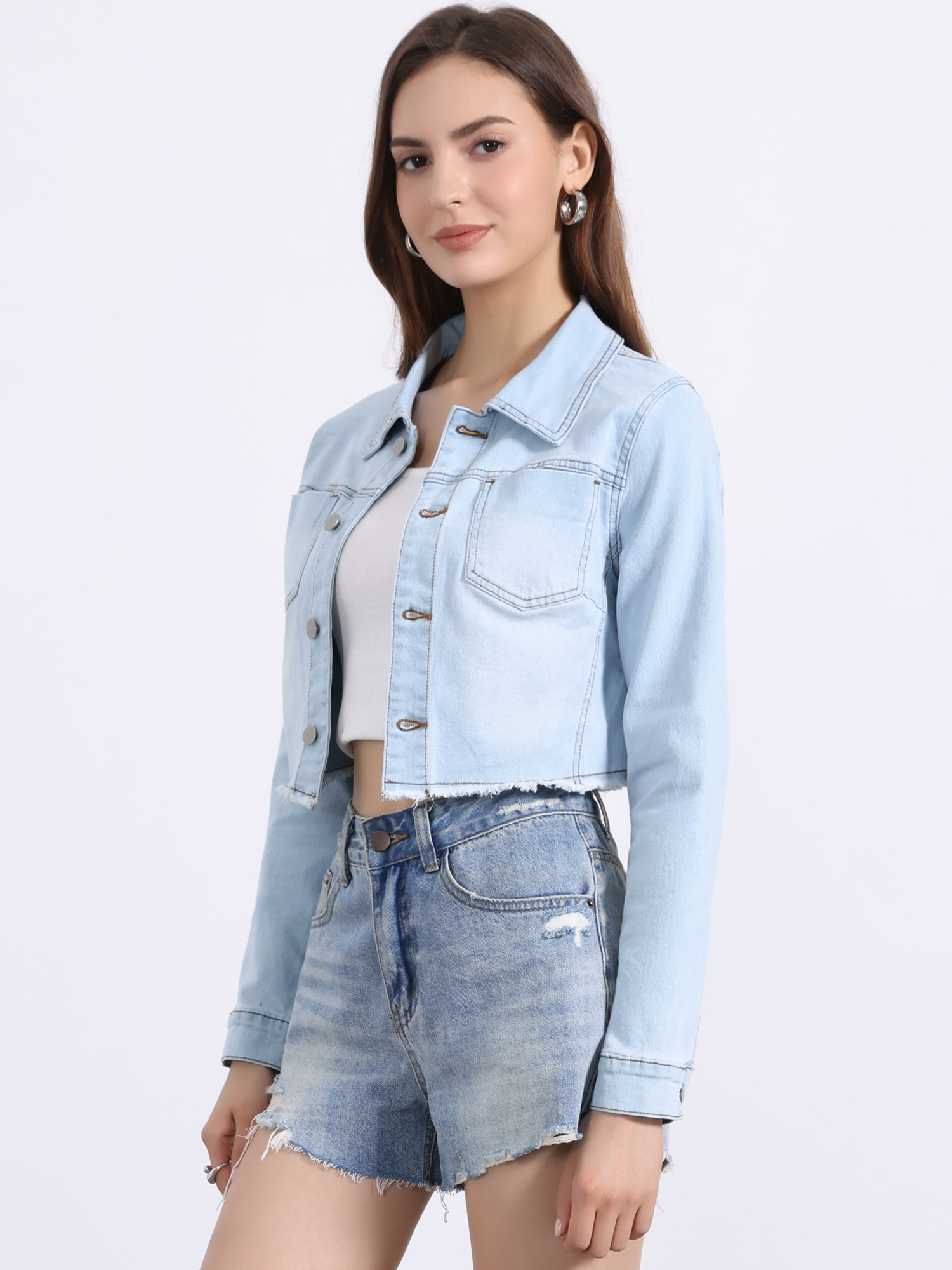 Trendy Frayed Button Up Washed Cropped Denim Jacket Sky Blue/M