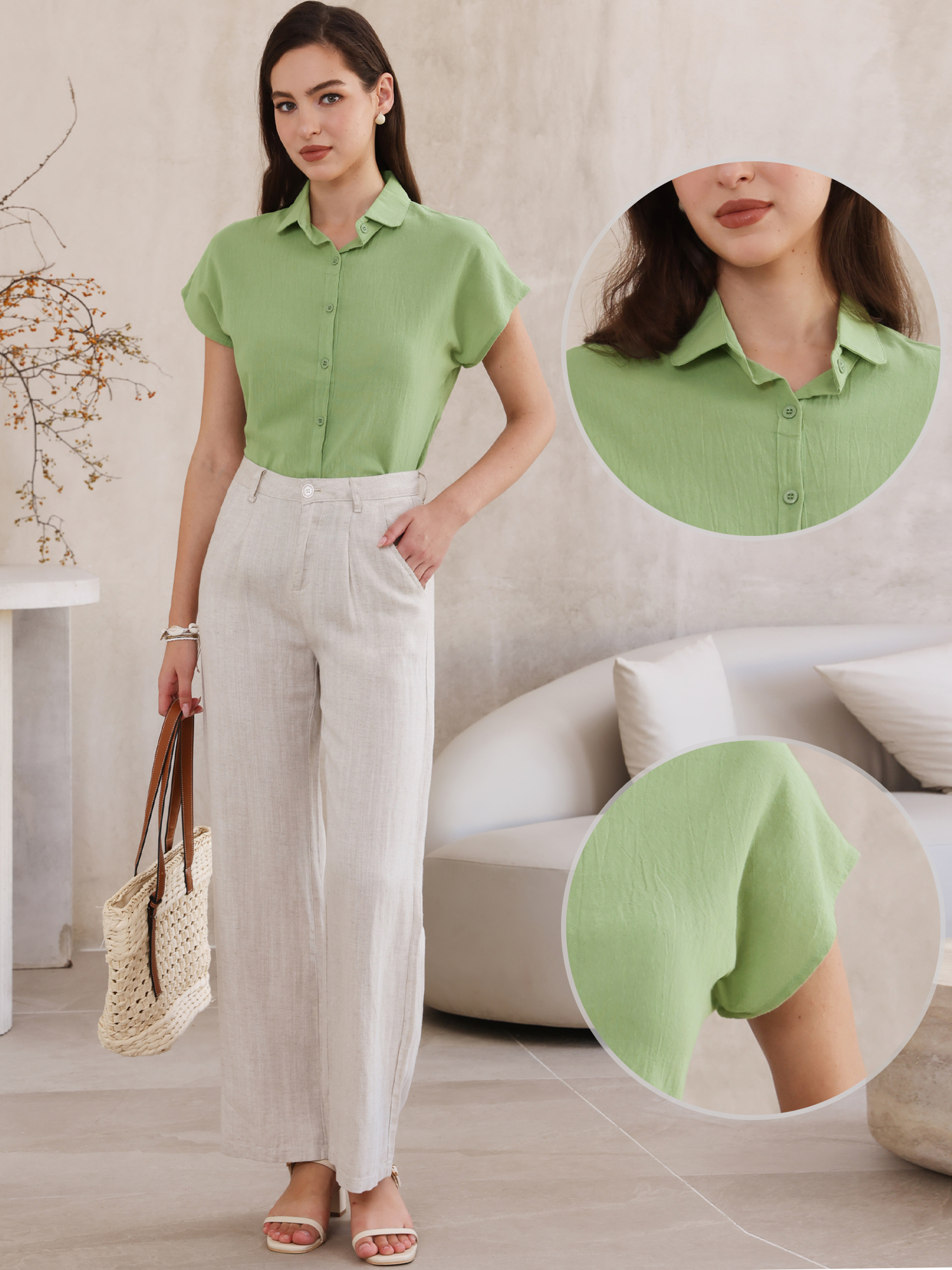 Cotton Linen Button Down Short Sleeve Shirt Green/XL