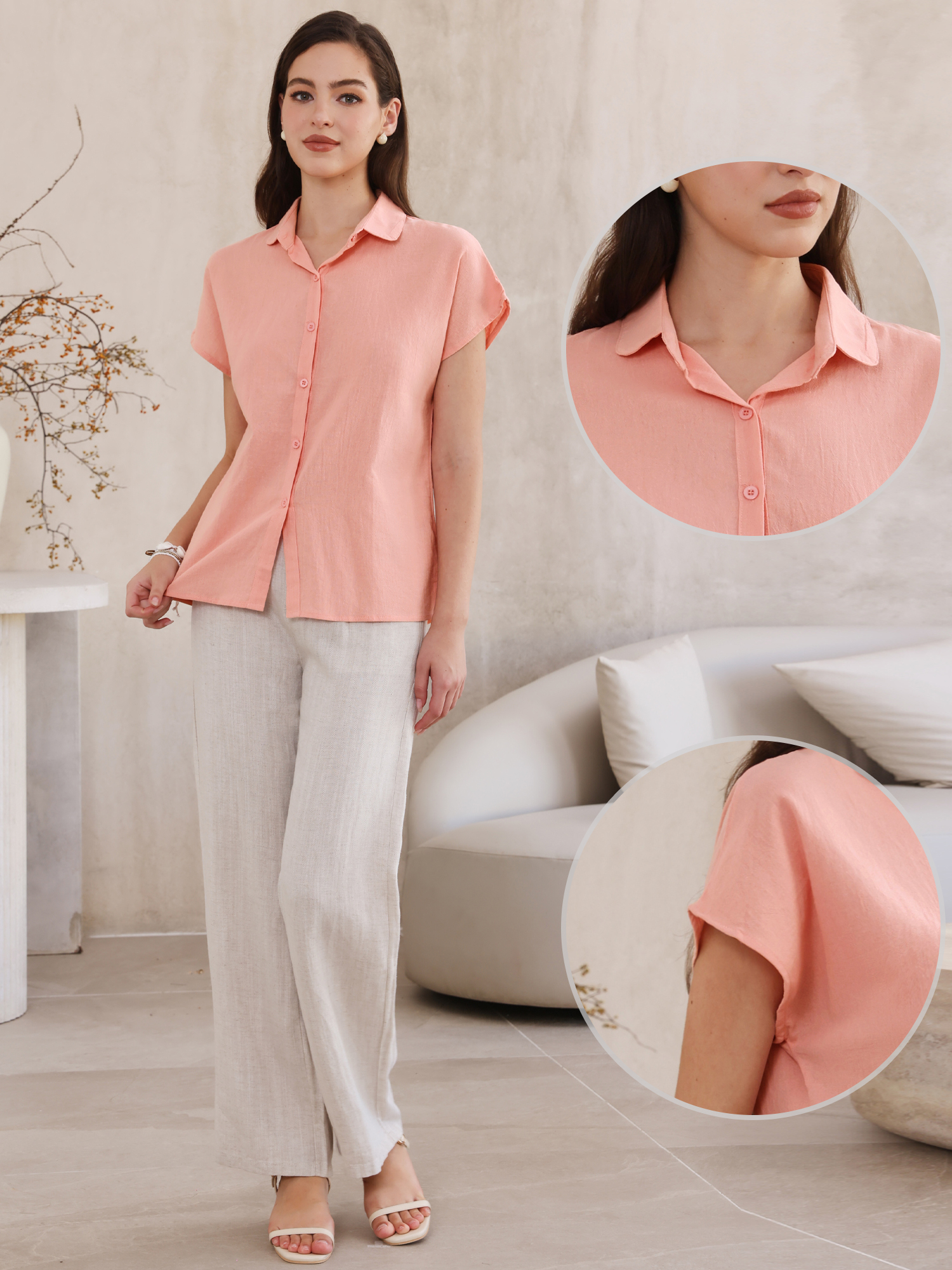 Cotton Linen Button Down Short Sleeve Shirt Pink/XL