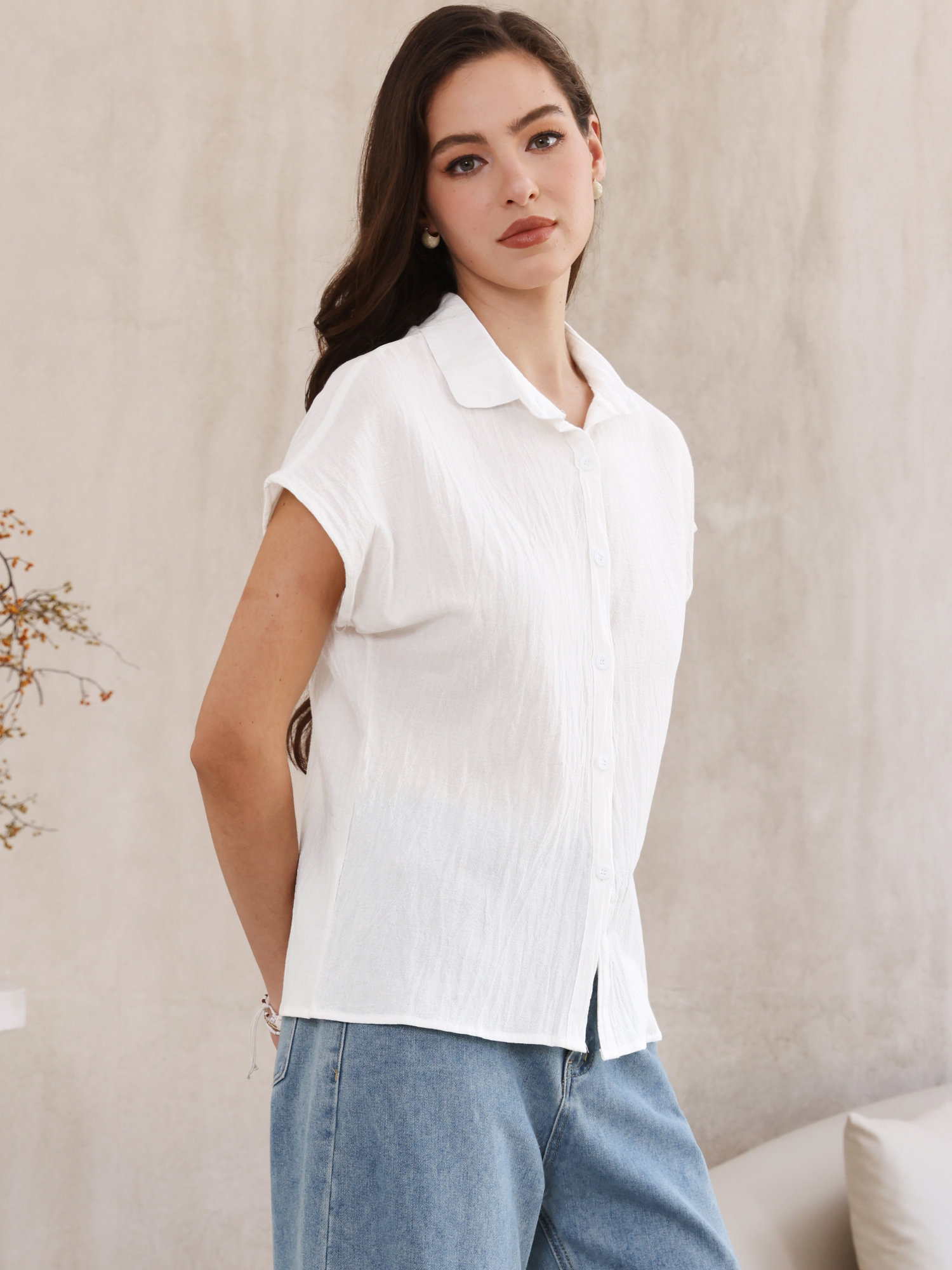 Cotton Linen Button Down Short Sleeve Shirt White/2XL