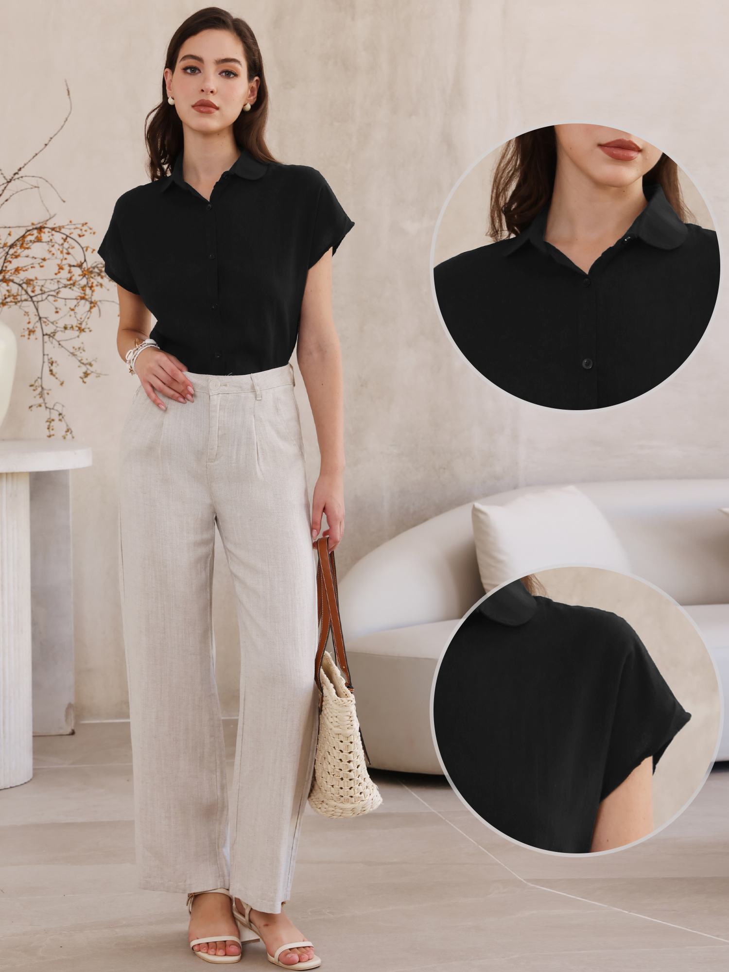 Cotton Linen Button Down Short Sleeve Shirt Black/XL