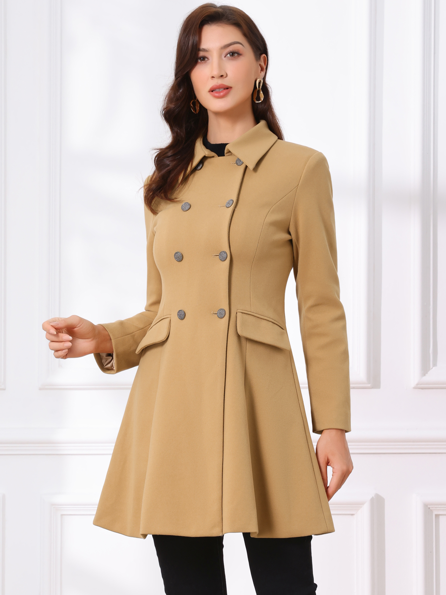 Winter Double Breasted Vintage A-line Flare Long Coat Camel/XS