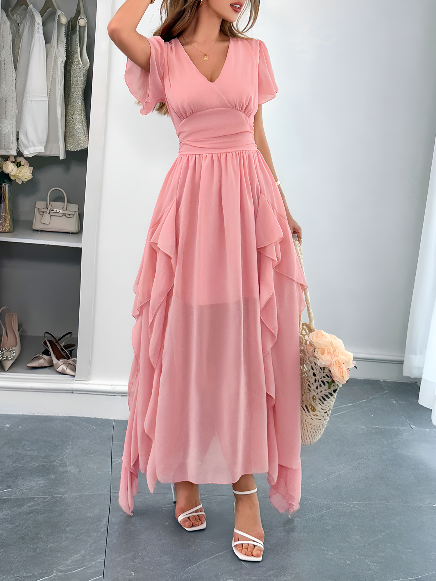 V Neck Ruffled Mesh Short Sleeve Maxi Dress Pink/S