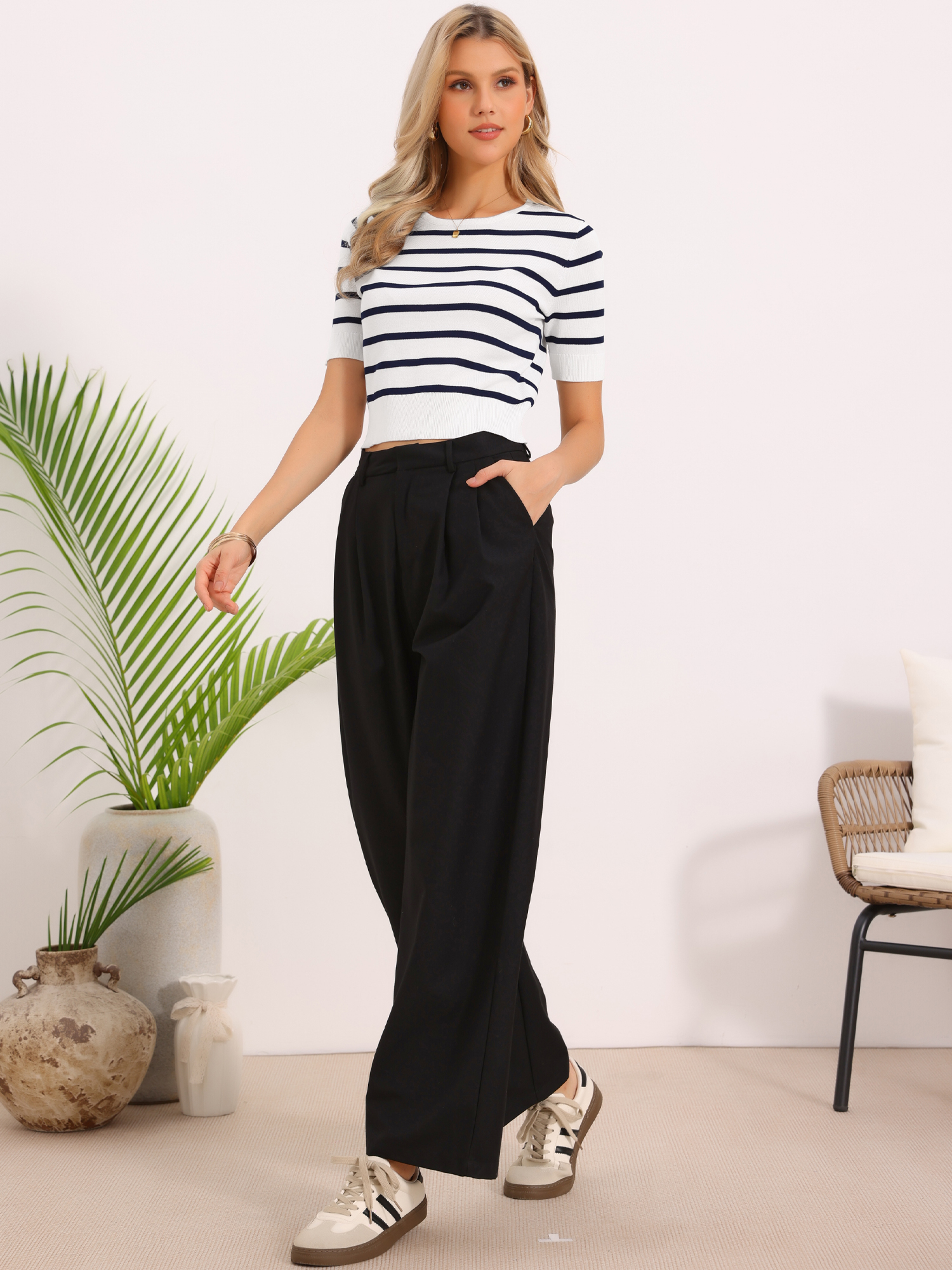 Striped Short Sleeve Crew Neck Stretch Cropped Knit Tops Navy Striped/XL