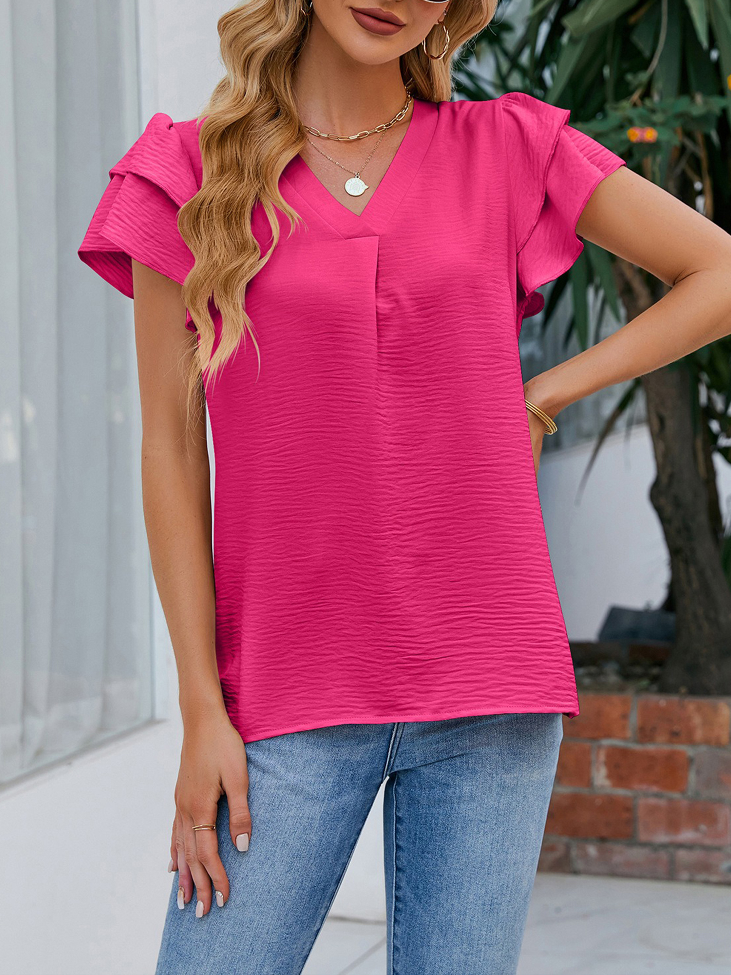 Short Sleeves V Neck Ruffles Chiffon Blouse Hot Pink/L
