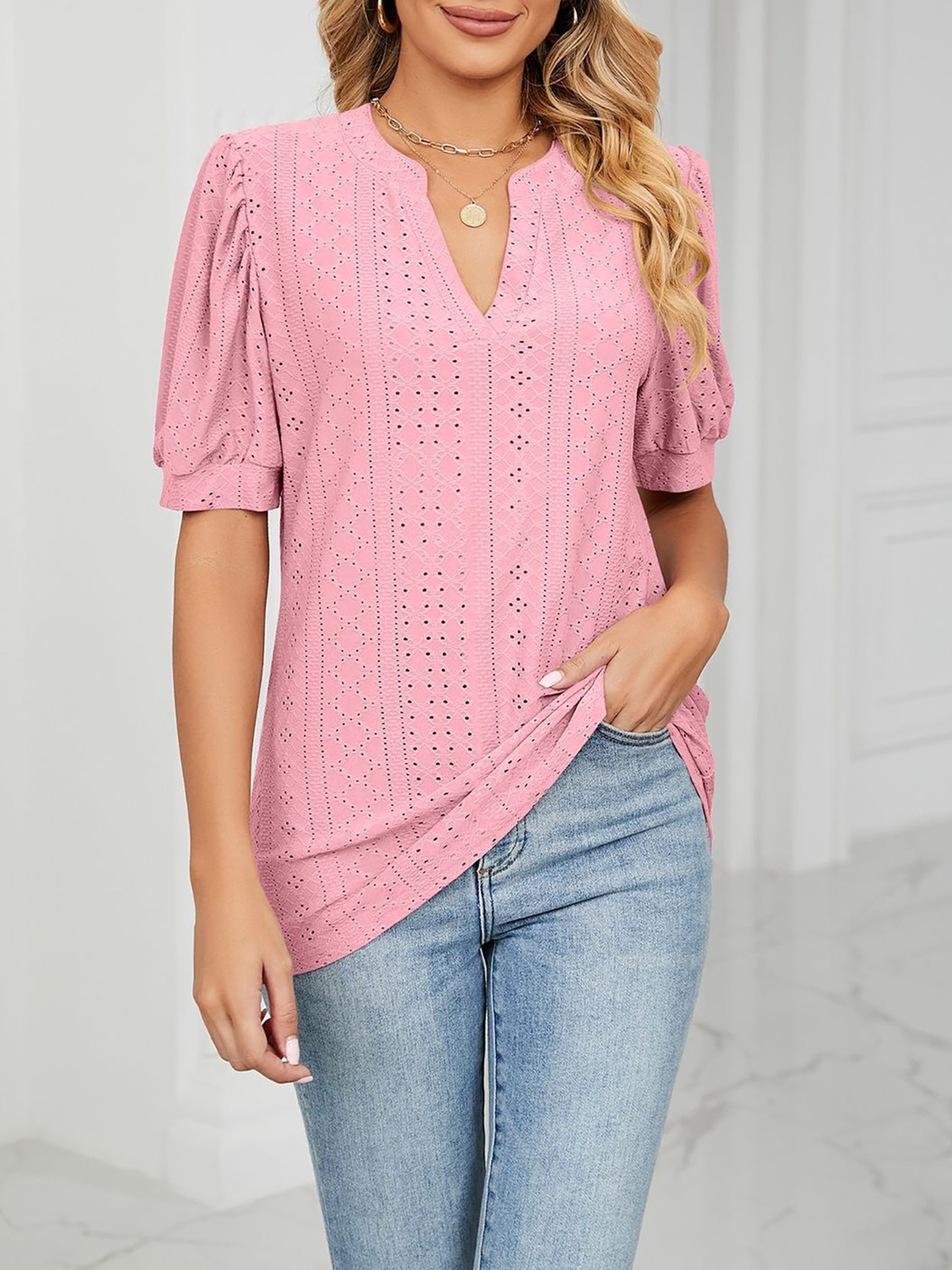 Notch Neck Solid Color Puff Sleeve Textured Blouse Pink/L
