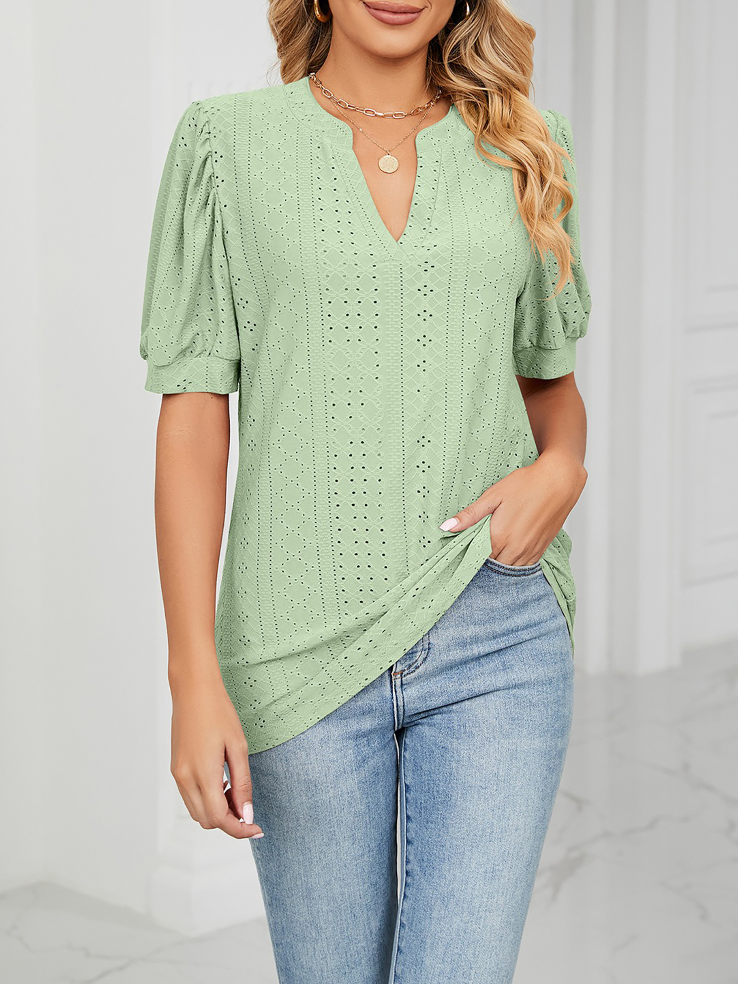 Notch Neck Solid Color Puff Sleeve Textured Blouse Light Green/XS