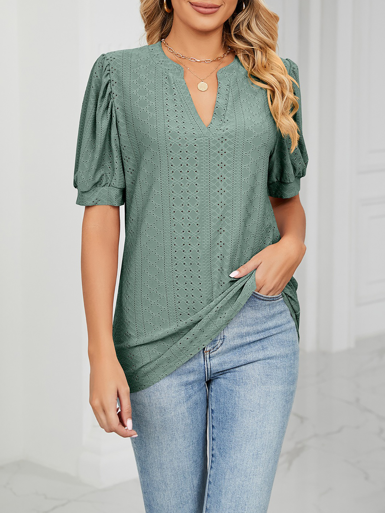 Notch Neck Solid Color Puff Sleeve Textured Blouse Deep Green/L