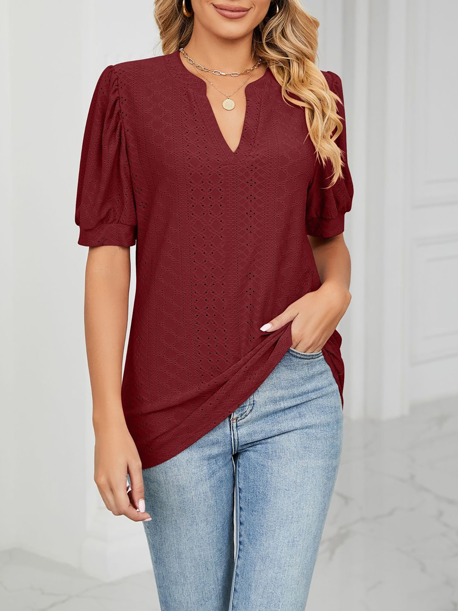 Notch Neck Solid Color Puff Sleeve Textured Blouse Burgundy/XS