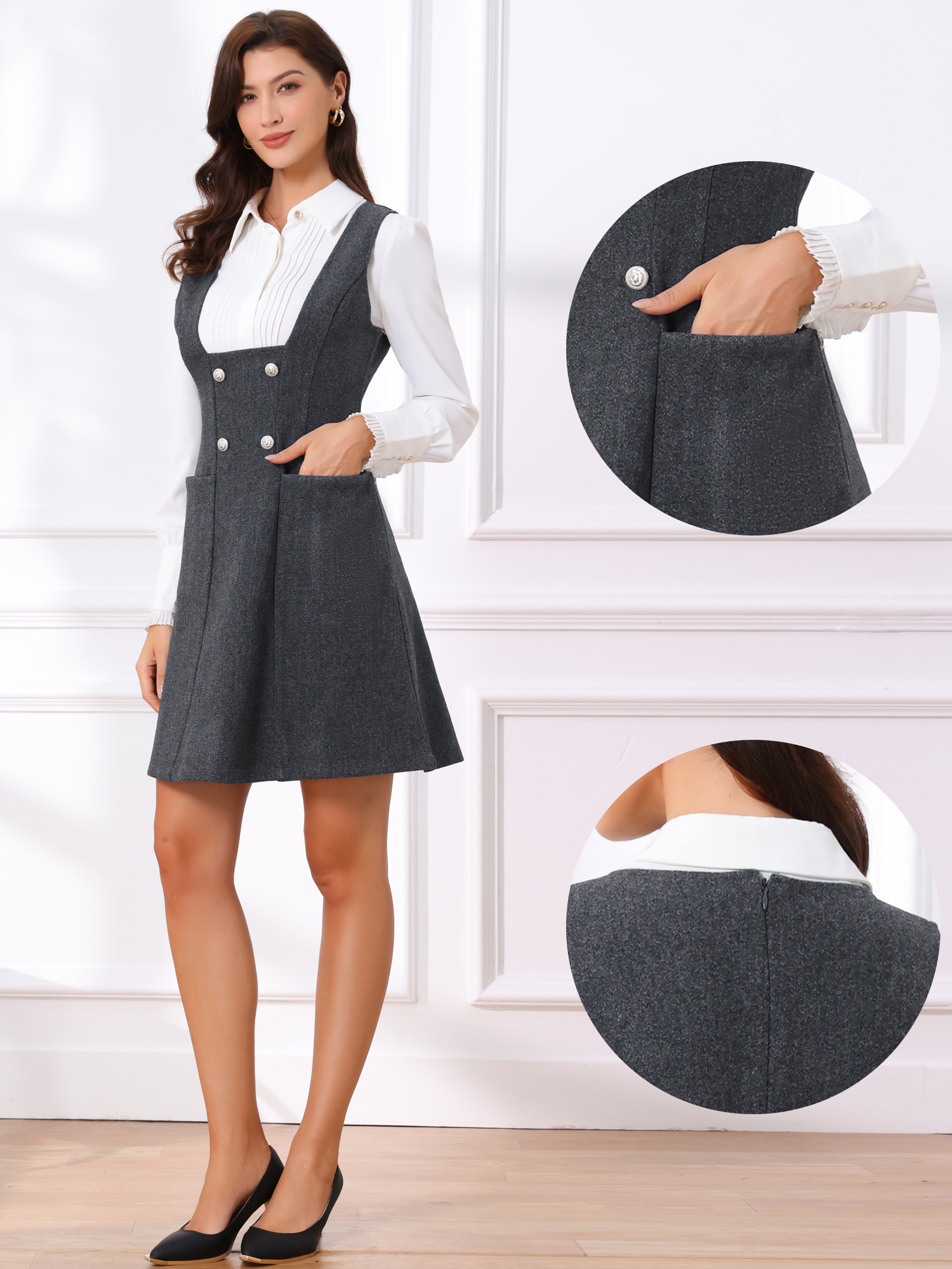 Pinafore A-Line Double Breasted Overall Suspender Dress Dark Grey/XS