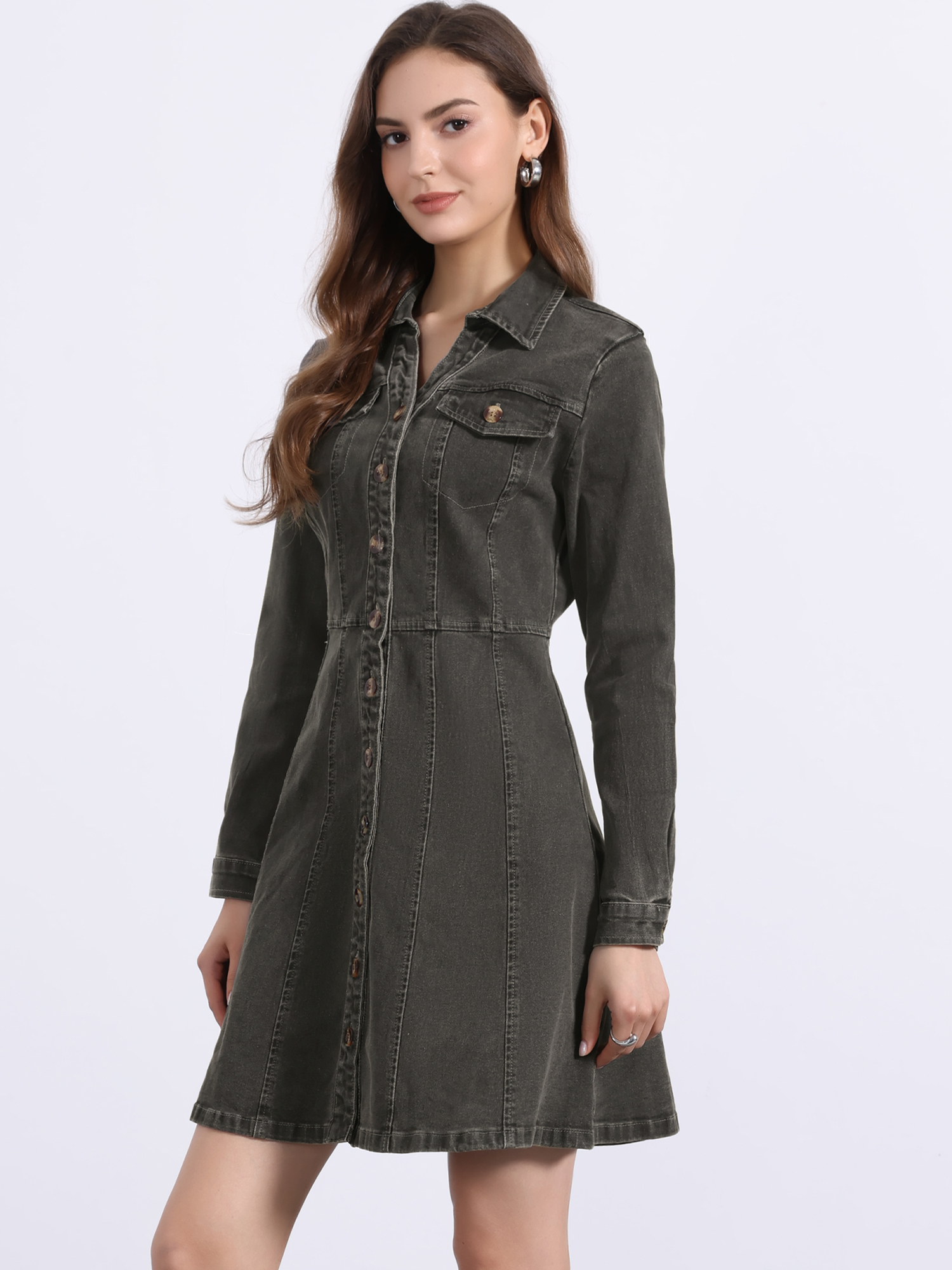 Button Down Collar V Neck Long Sleeve A-line Jean Denim Dress Grey/M