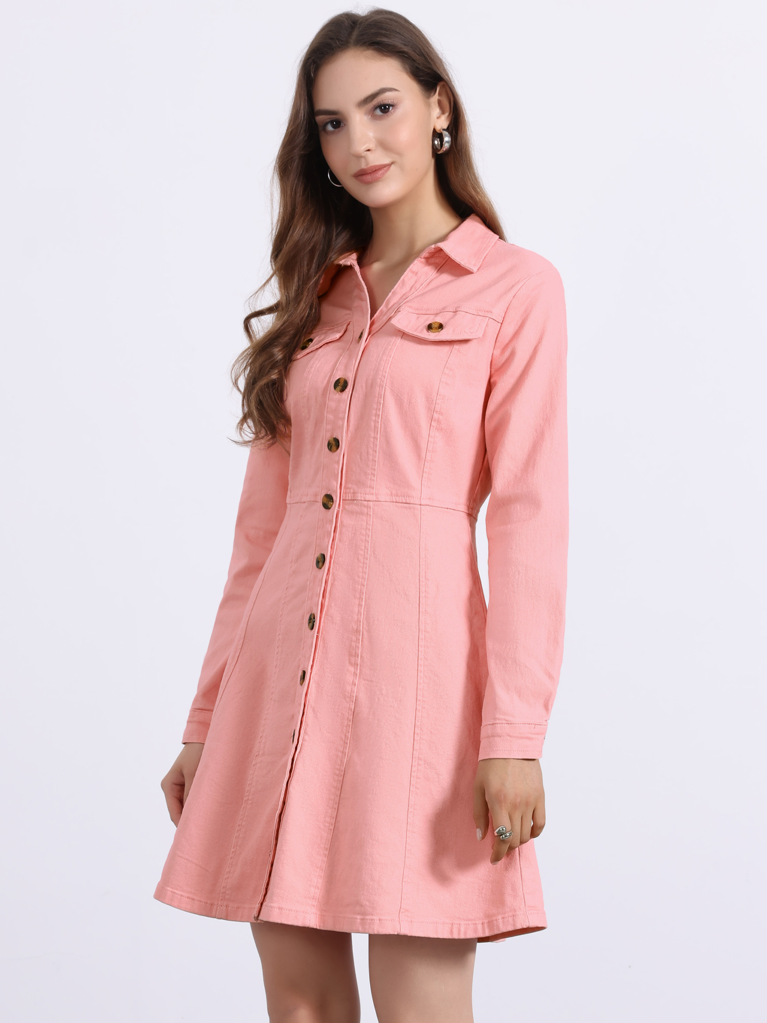 Button Down Collar V Neck Long Sleeve A-line Jean Denim Dress Dark Pink/M