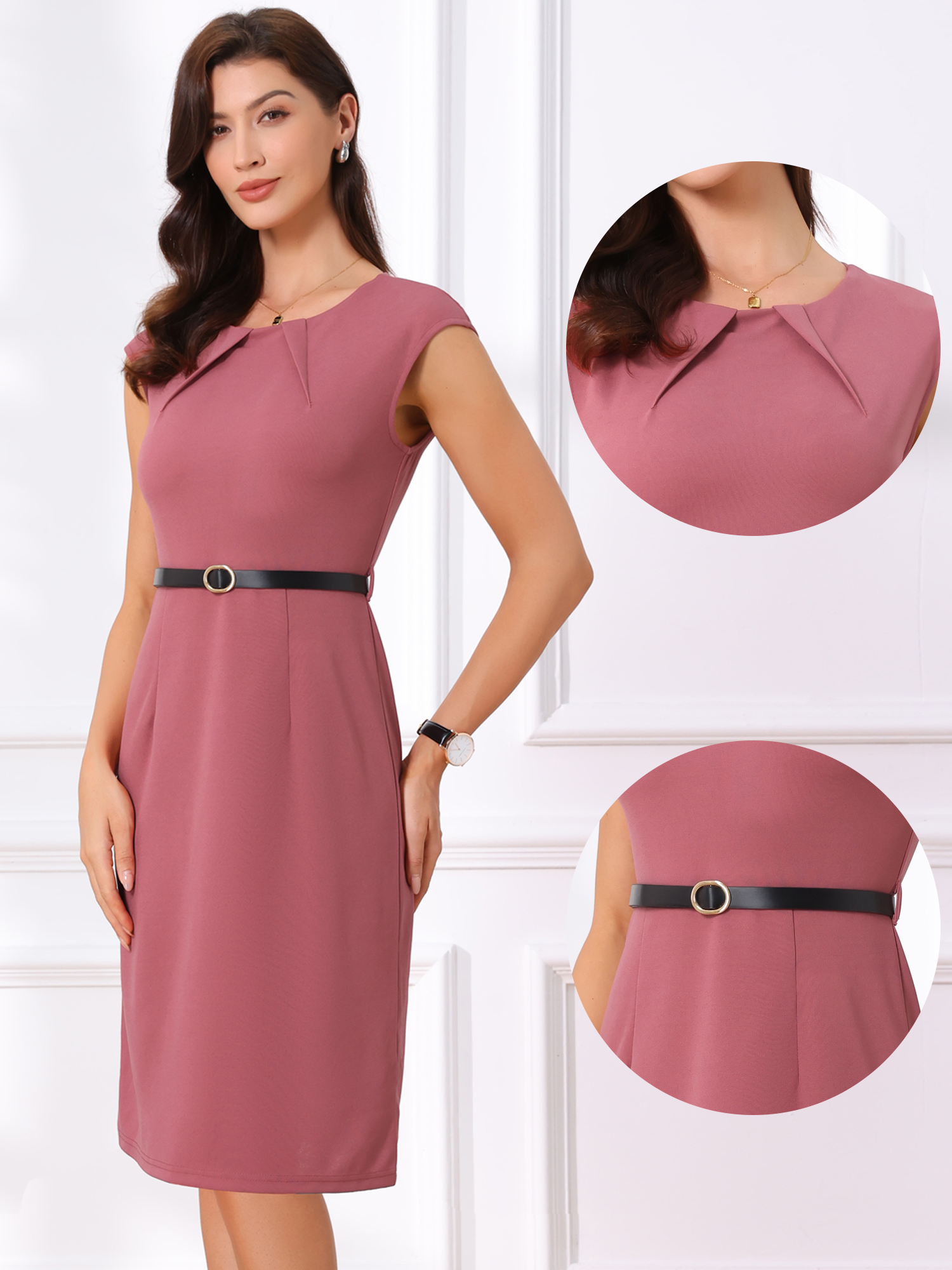 Elegant Business Cap Sleeve Belted Pencil Work Sheath Dress Dark Pink/XS